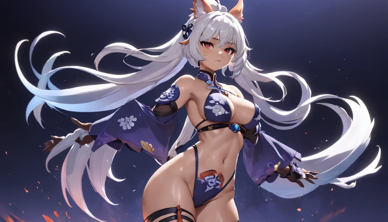 Genshin Impact custom character, Original Character, Female, Busty, thicc, Samurai GF, Dark skin, White-haired ponytail, Black background，Full body photo，hands spread wide，Exposed upper body