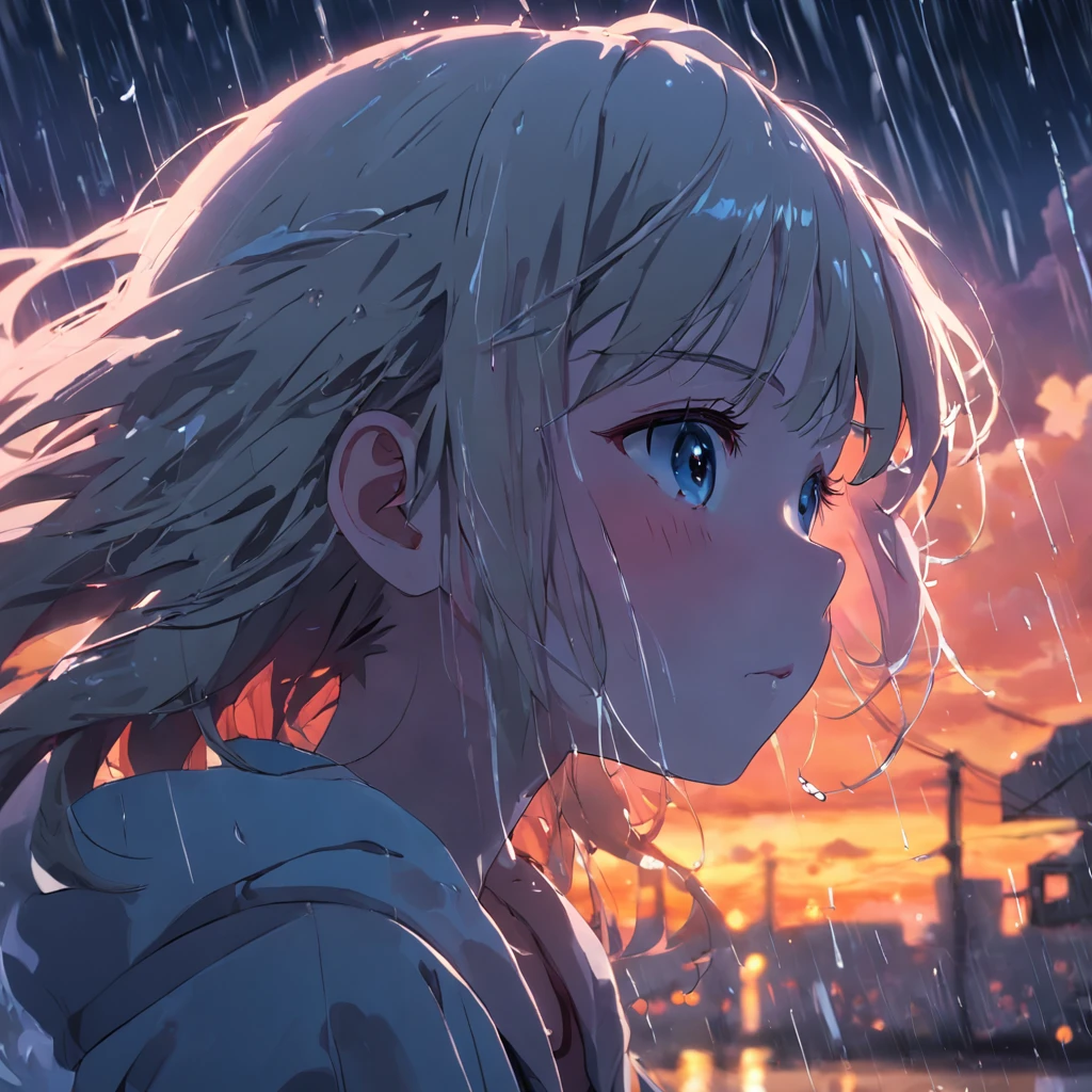 masterpiece, best quality, 1girl, cloud girl, with rain , close-up, bright, sad, cold soft lighting, sunset, (sparks:0.7)