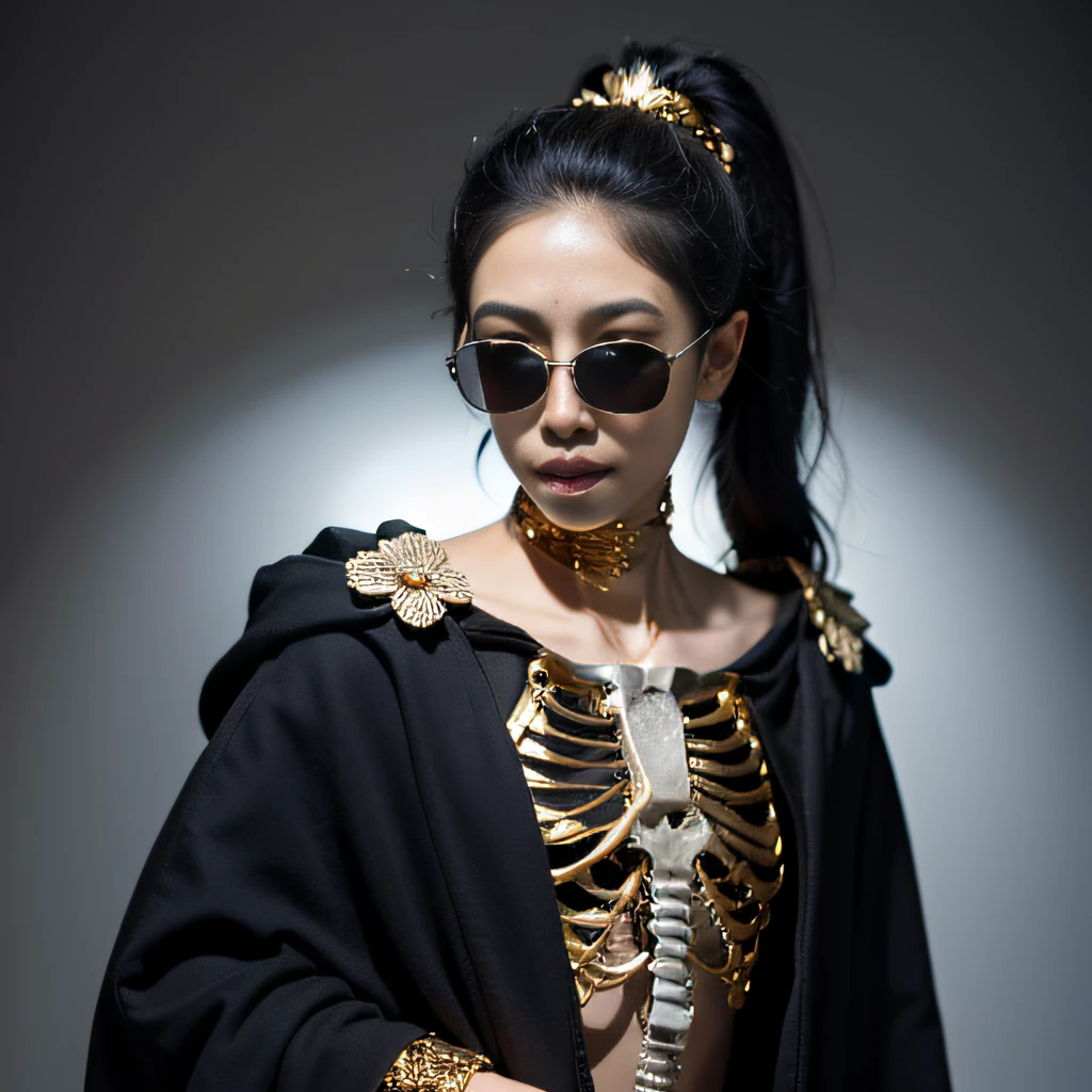 ponds，32K（tmasterpiece，k hd，hyper HD，32K）Burgundy double ponytail，flower stick，Indigo Skull King ，Hold the heavy gold steering wheel （The skeleton is realistic：1.4），Python pattern robe，Silver skull flower ornaments，Sargin linen cloak，Petals flutter，Deep gold sunglasses，Hold your head high，Be proud，The nostrils look at people，A junior high school student， A high resolution， the detail， RAW photogr， Sharp Re， Nikon D850 Film Stock Photo by Jefferies Lee 4 Kodak Portra 400 Camera F1.6 shots, Rich colors, ultra-realistic vivid textures, Dramatic lighting, Unreal Engine Art Station Trend, cinestir 800，Hold your head high，Be proud，The nostrils look at people，Tsundere，Petals flutter，Petals flutter，Sprinkle with gold dust，Fluttering，Impeccable，( reasonable design, Clear lines, High sharpness,Best quality, Very detailed skeleton, The skeleton of a masterpiece, offcial art, movie light effect, 8K skeleton（（（Platinum marble sunglasses）））Deep gold sunglasses