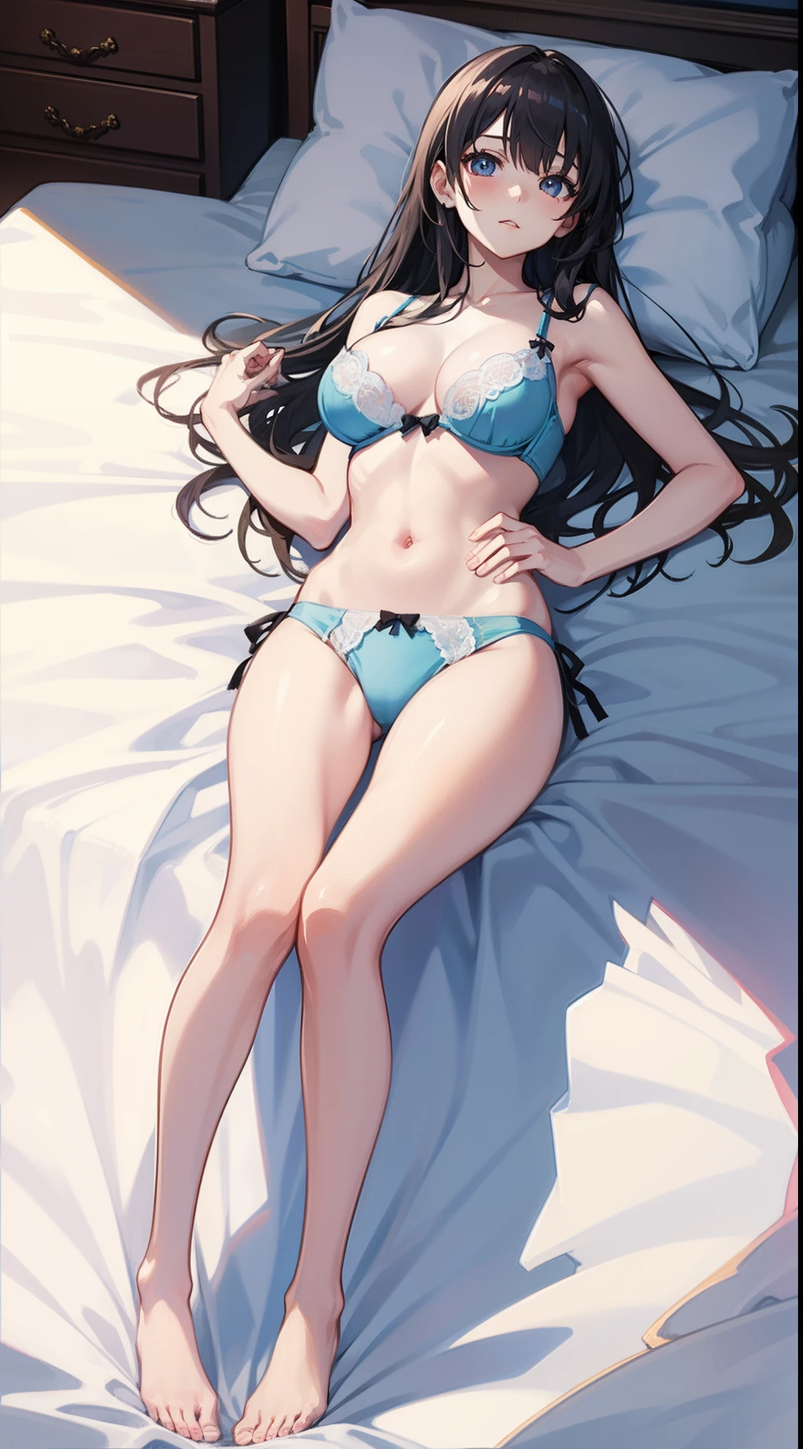 masutepiece、hight resolution、1girl in、in one's underwear only、Cute lingerie、large full breasts、Lying on your back in bed、Cute anime illustration、