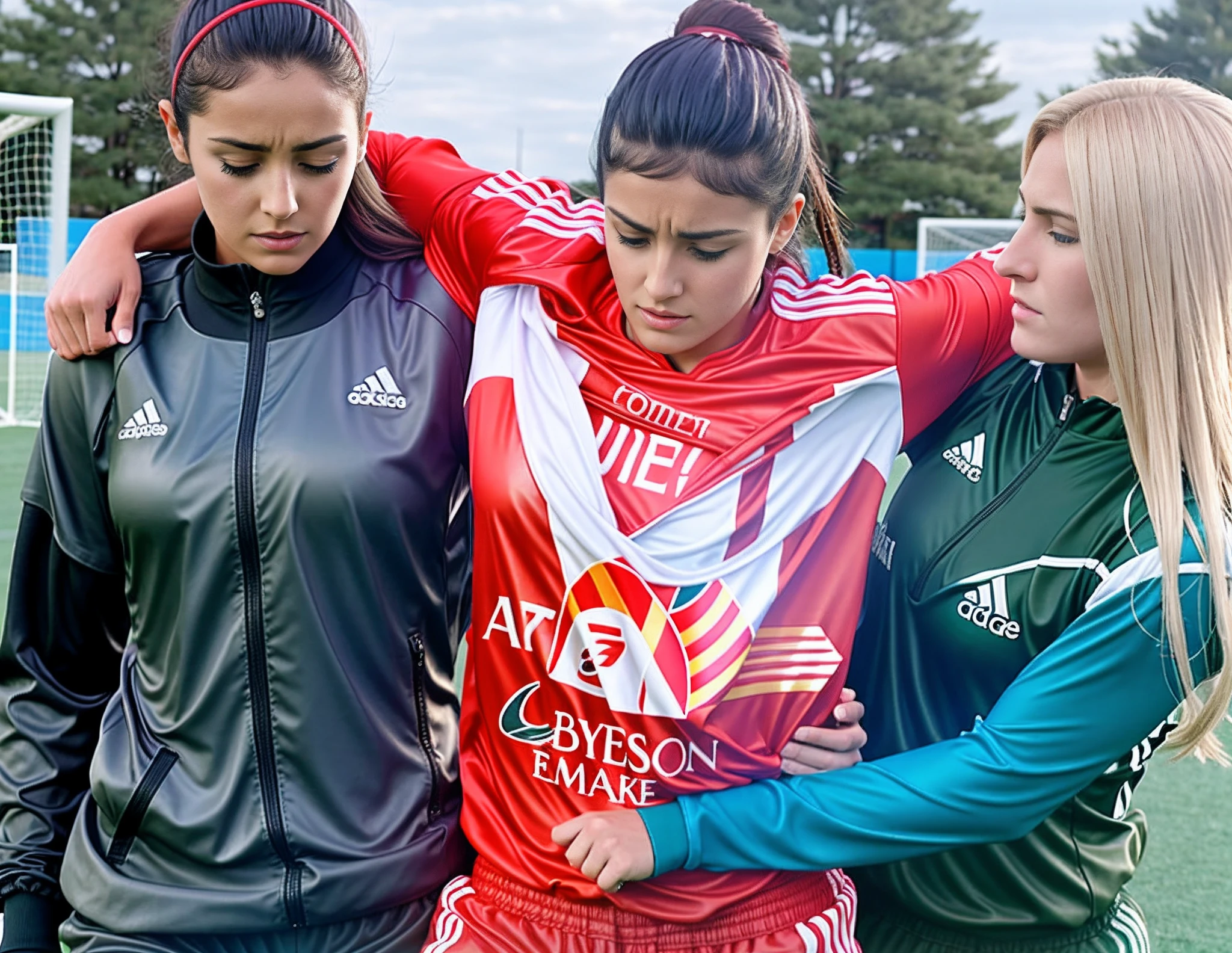 there are two women in shiny leather jackets holding a patient on a soccer field, two long haired and made up women in extremely shiny and wetlook leather-jackets support an injured arab male soccer player with short dark hair, wining, very sad, sport, super realistic, photorealistic, photo shoot, sports photography, injured, an injured male soccer player in red cotton sportswear cannot walk on his own due to a leg injury and has to be supported by two women, pity scene, dramatic action photo, an injured male soccer player in red cotton sportswear is in pain and is therefore carried off the soccer field by two very horrified looking women