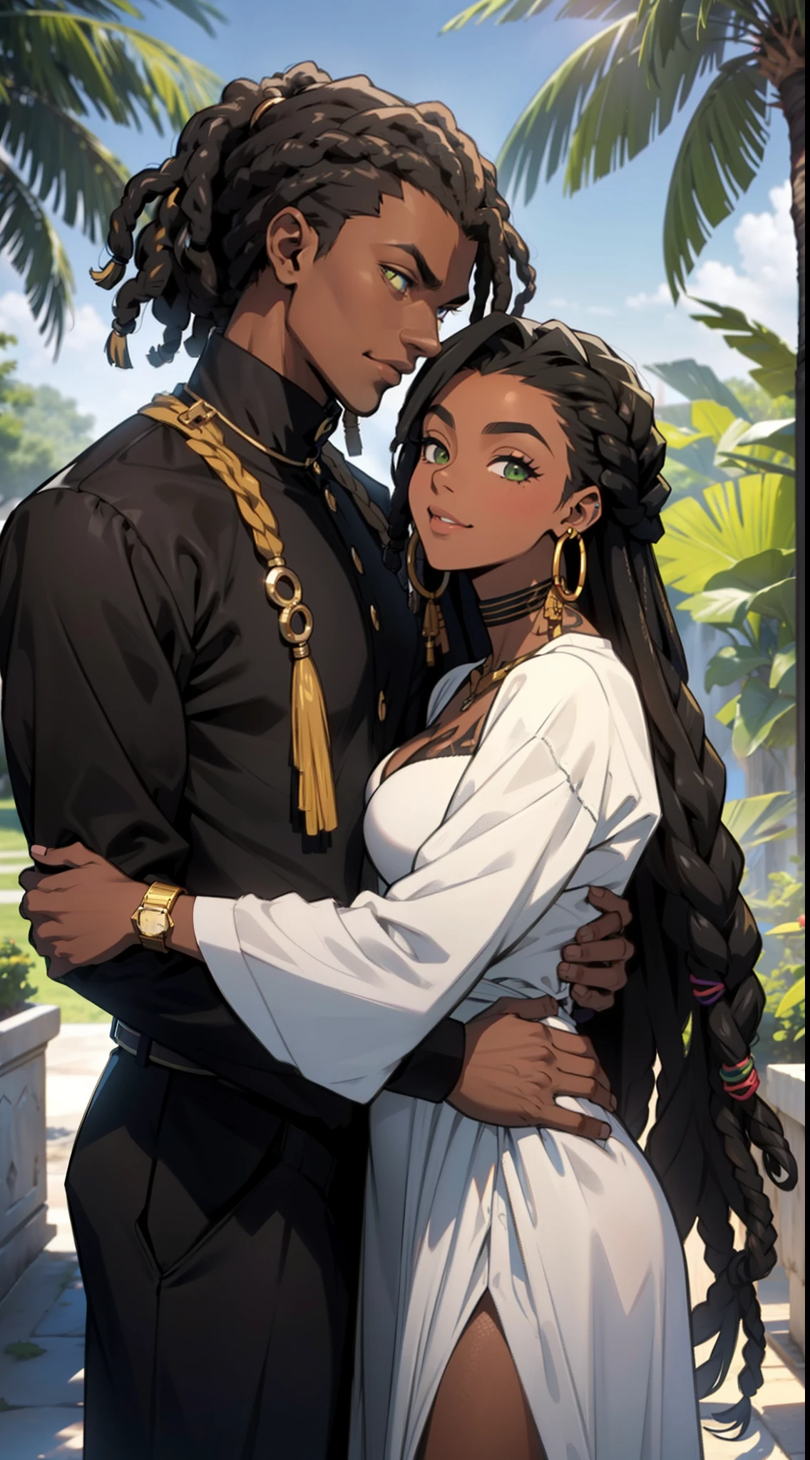 "Produza uma imagem de estilo anime que celebra o amor entre casais negros. A garota, pele negra, pele negra, pele negra 1.5,  with black leather and thin African braids, possui ((olhos verdes)) encantadores. Seu parceiro, {de pele escura e cabelos: 1,5}, ((Dreadlocks curtos)), tem olhos brancos expressivos. Ambos usam casacos largos com detalhes dourados, adding a touch of sophistication. Ambientada em um jardim, a cena retrata beijos apaixonados entre eles. Transmita a intensidade do amor eterno entre esses amantes negros, highlighting their unique characteristics and the romantic connection they share. Casaco {((camisolas estilosas, super na moda, super look))}".