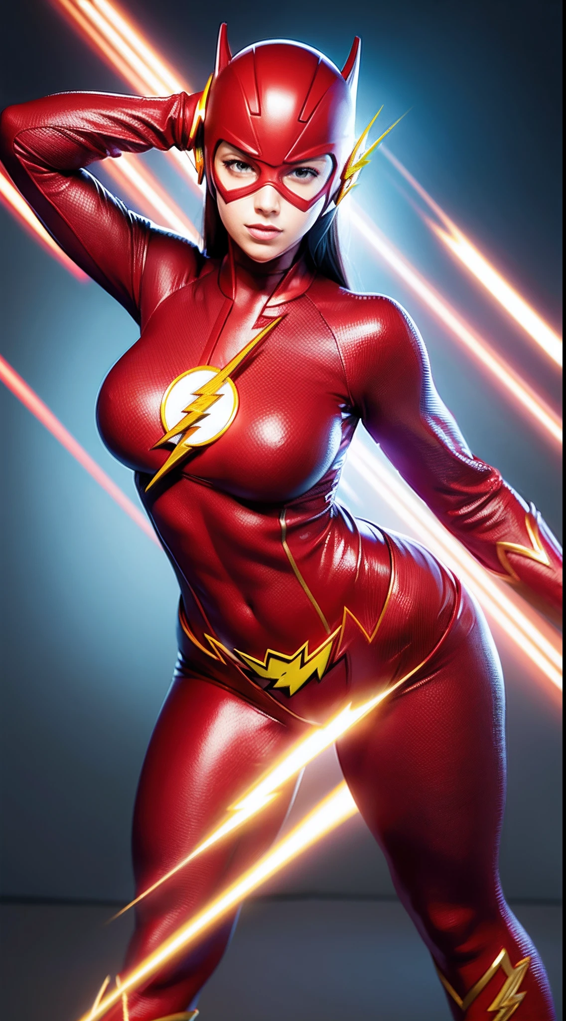 ((Flash woman)) , big breasts , medium hips, (( ultra realistic )), TM Ninja white,Icons, vibrant colors, vector style, digital art, 4k, intricate details, Mesmerizing, professionally made, Beautiful vector Illustration, 12k resolution, ..3d, all characters full-length detailed, ((highly detailed)), ((vibrant)),((Ultra high quality)), ((hyperrealism)), ((photorealism)), [ octan render], in the city, many cars (realistic)