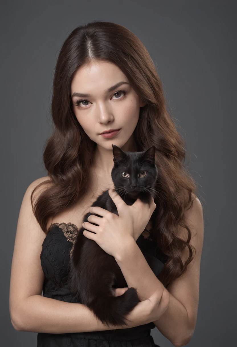 RAW full-length photo of 25 year old Kazakh (russian:0.4) girl with wavy long hair holding a black cat, white panties, detailed skin, erotic breasts, studio portrait, studio light, pure dark background