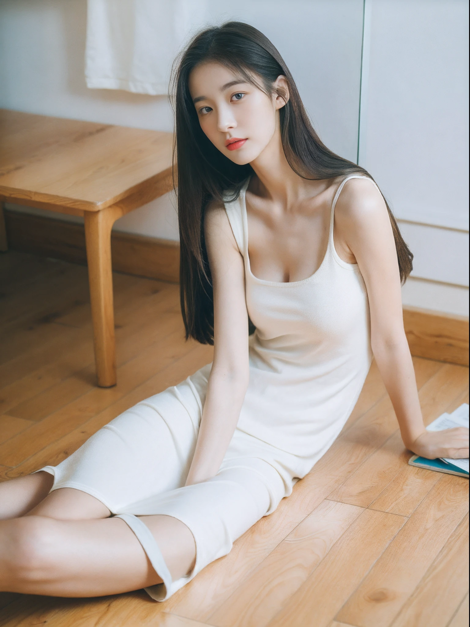 （realisticlying， A high resolution：1.3）， 1 girl with a perfect body， Super fine face and eyes，long whitr hair， Tank top of random colors：1.2， in a white room，Sitting on the wooden floor and reading a book，Listen to music， White dress，Thin black tie