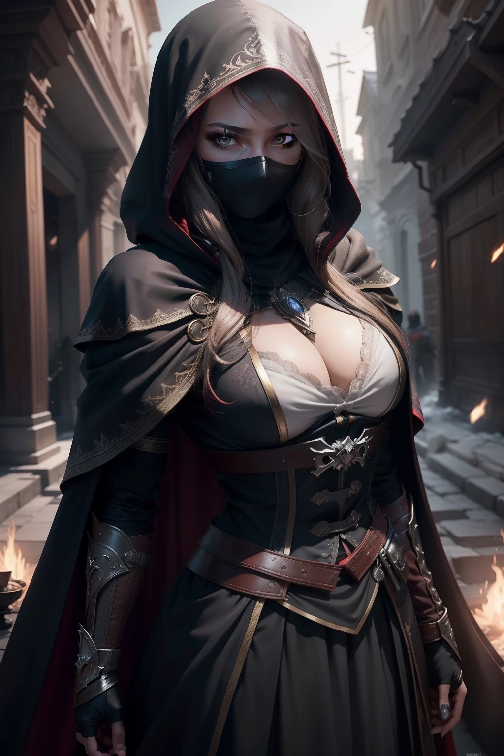 (top Quority,Rich cleavage,《The ultra-realistice》,《8K high-definition》:1.2),Inside Valhalla,assassins creed,The red and black cloak covers the head,Expose your eyes,Red eyes,"Eyes glowing red",Full face metal mask,With a knife on his back,Cross your arms over your chest,