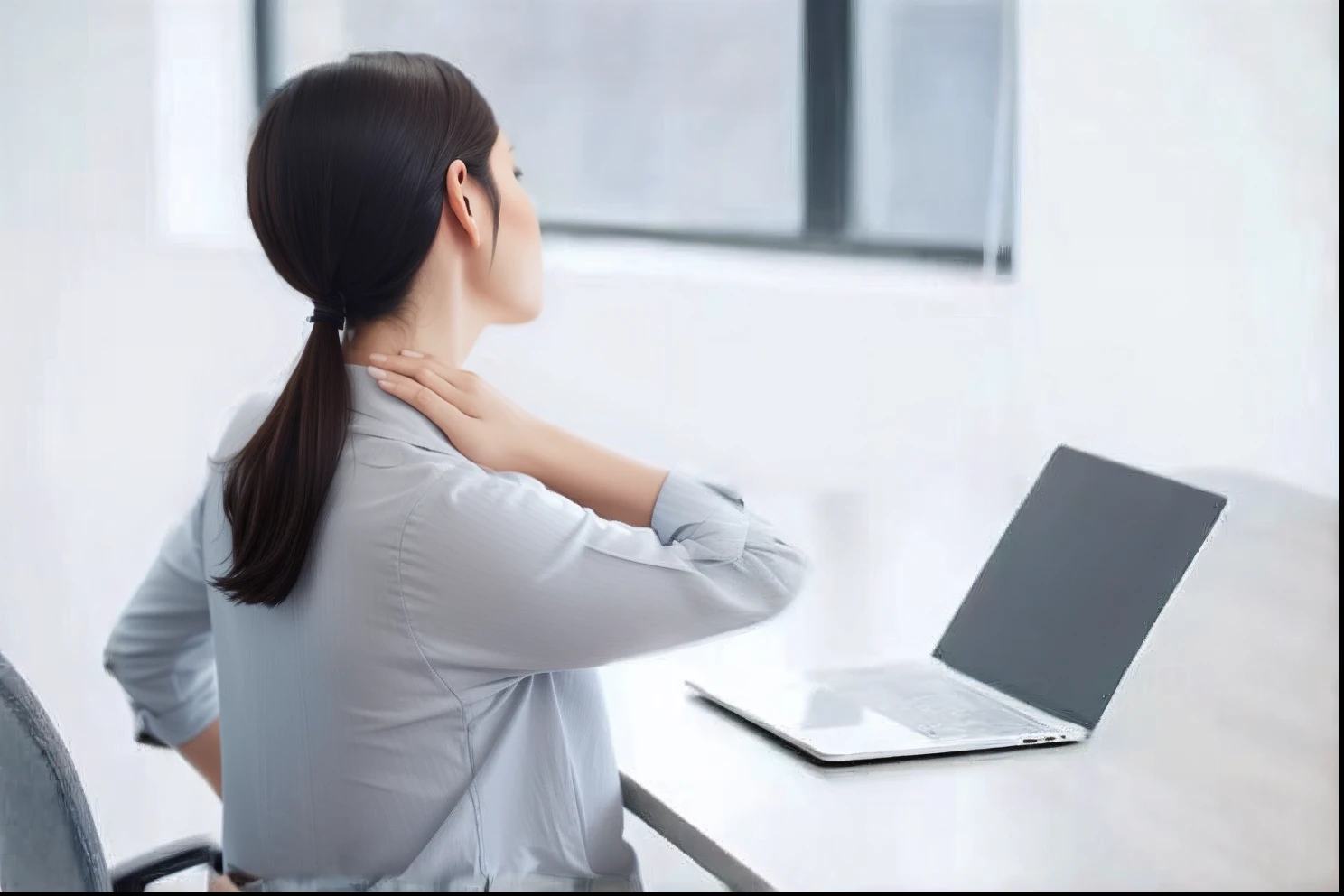 Woman sitting at desk，With his back to the camera, relaxed posture, hunchback, sitting in office, sittinng on the desk, Sitting at your desk, tight around neck, Neck up, sitting in front of the computer, in a office, sitting at a computer desk, struggling, sitting in front of the computer, in front of a computer, Profile image，Blurry picture