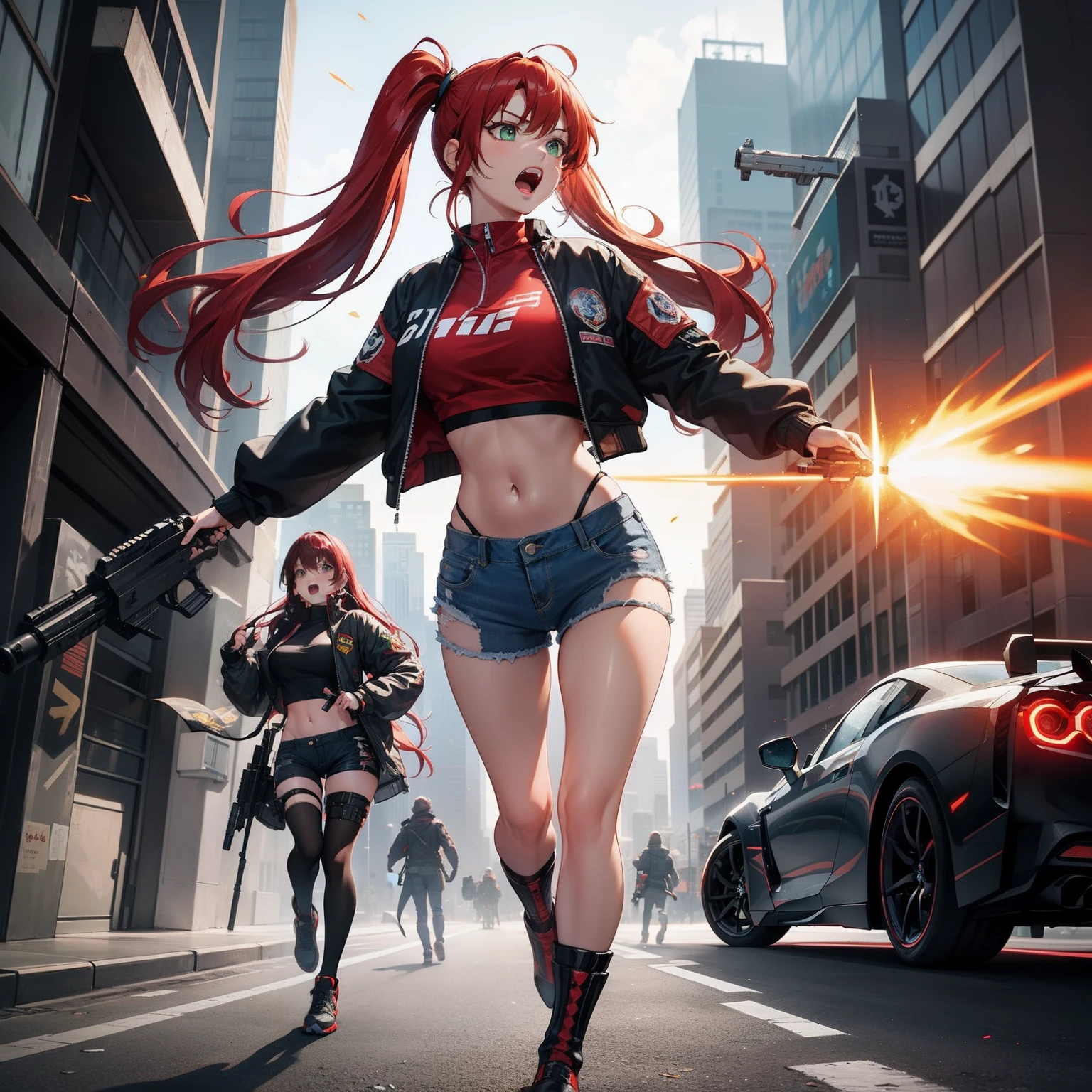 Full body shot, female asian Irina Shidou red hair twintails green eyes, in a cyberpunk city, wearing a bomber jacket and crop top and denim shorts, standing next to a Nissan GT-R, holding a big machine gun, holding a long laser rifle, shooting laser rifle, shooting lasers up at the sky, missile strike, rocket launch, rapid fire, explosions, running and jumping, open mouth, screaming, frontal shot, side shot, rear shot, back shot, behind shot, masterpiece, highly detailed