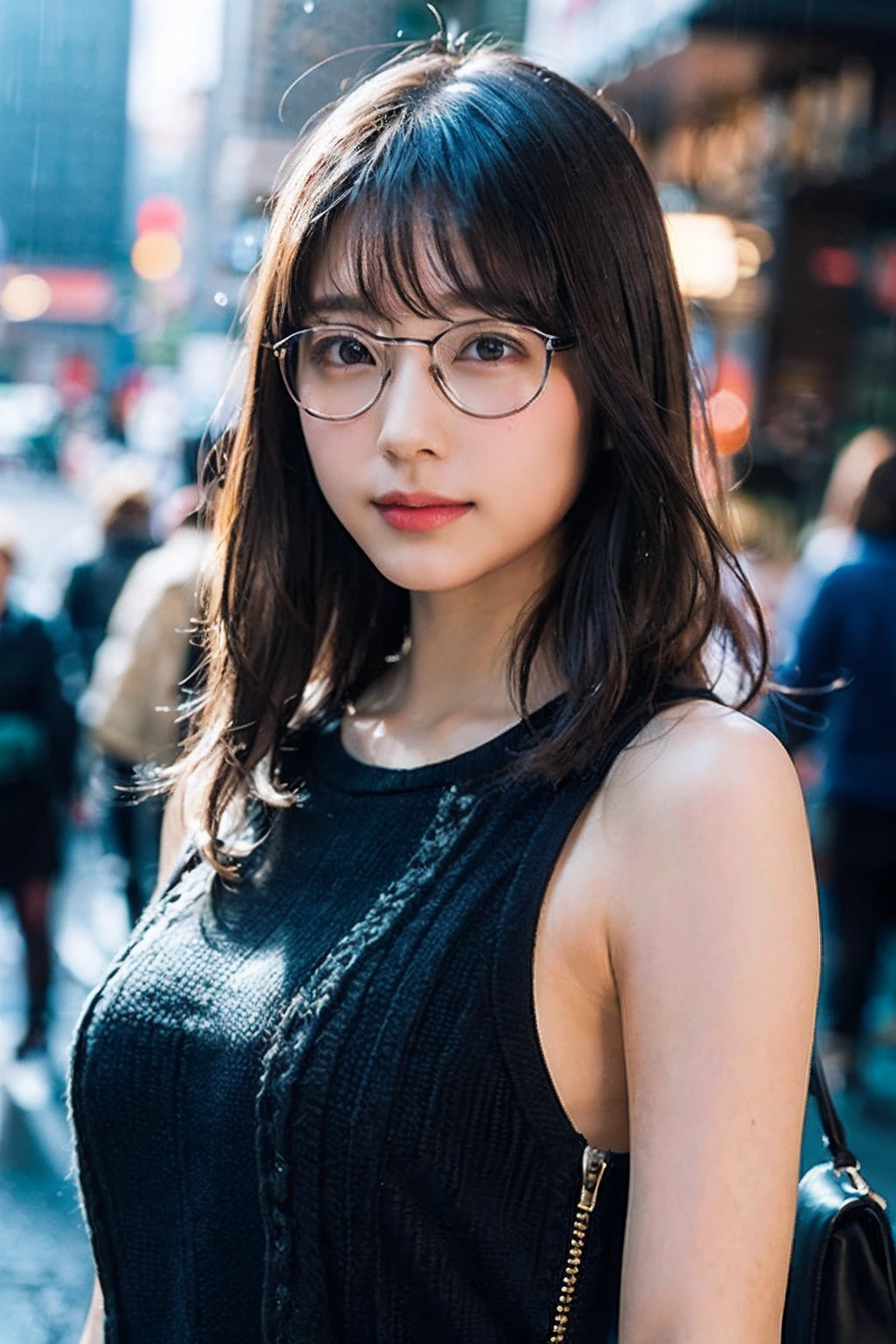 (8k、Raw photo、highest quality、masterpiece:1.2)、(Realistic、Photorealistic:1.37)、Ultra-detailed、超A high resolution、1 girl、29-year-old、Seeing the viewer、Beautifully detailed face、smile、narrow、(Slim waist) :1.3)、Beautifully detailed skin、Skin Texture、Floating Hair、Tie your hair together、Shapely large breasts、Professional Lighting、Summer evening、library、(((Black square glasses )))、Human whole body、Black Hair、((Embarrassing appearance))、Accept the book、