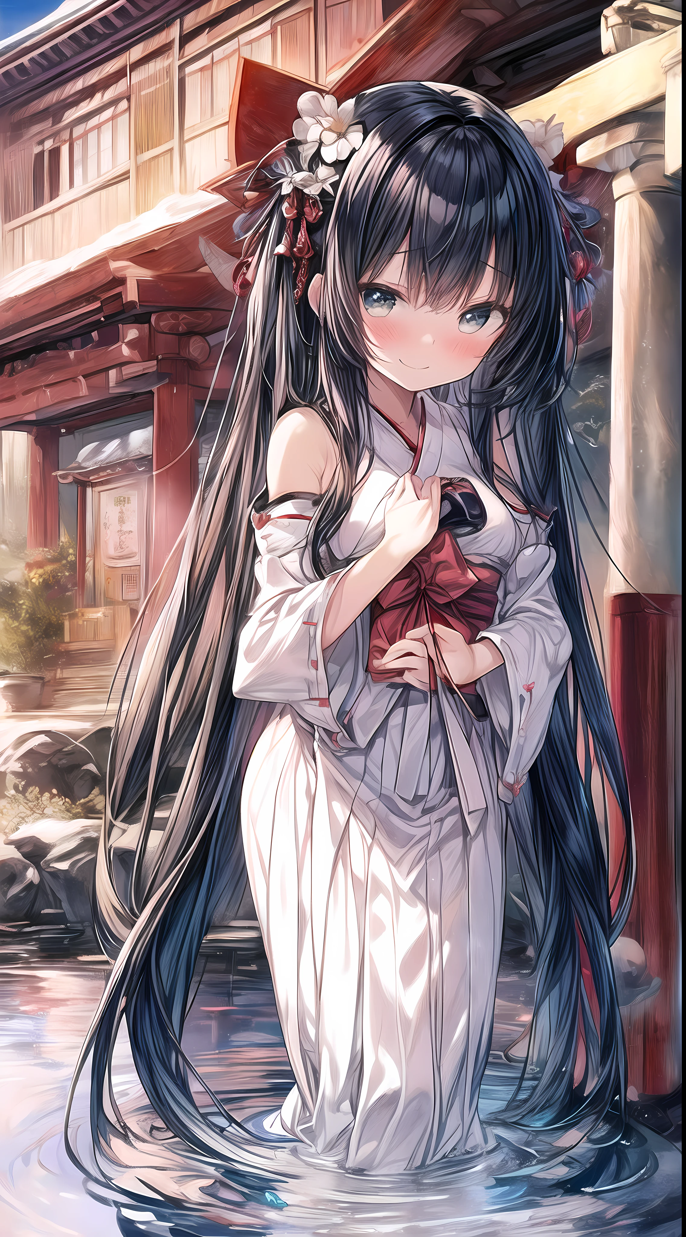 (mature girl, girl, small body, cute figure, petite and small figure, small size breast, housewife aura:1.4), detached sleeves, detailed black hair, bare shoulders, hakama skirt, yamato nadeshiko, 1girl, solo, outdoor, cute japanese model girl, very long black hair, floral print, (shrine maiden hair ornament, shrine maiden kimono, hakama:1.4), bangs, (masterpiece, best quality, HD Pictures, 4K:1.4), (gentle look, blusshing, shy, timid, gentle smile, gentle eyes, mature looking:1.5), pinkish cheeks, very detailed eyes, very detailed pupils, very detailed hair, furisode, flower head accesories, from front pov, detailed face, full body, detailed long black hair, (in open hot spring hotel:1.3)