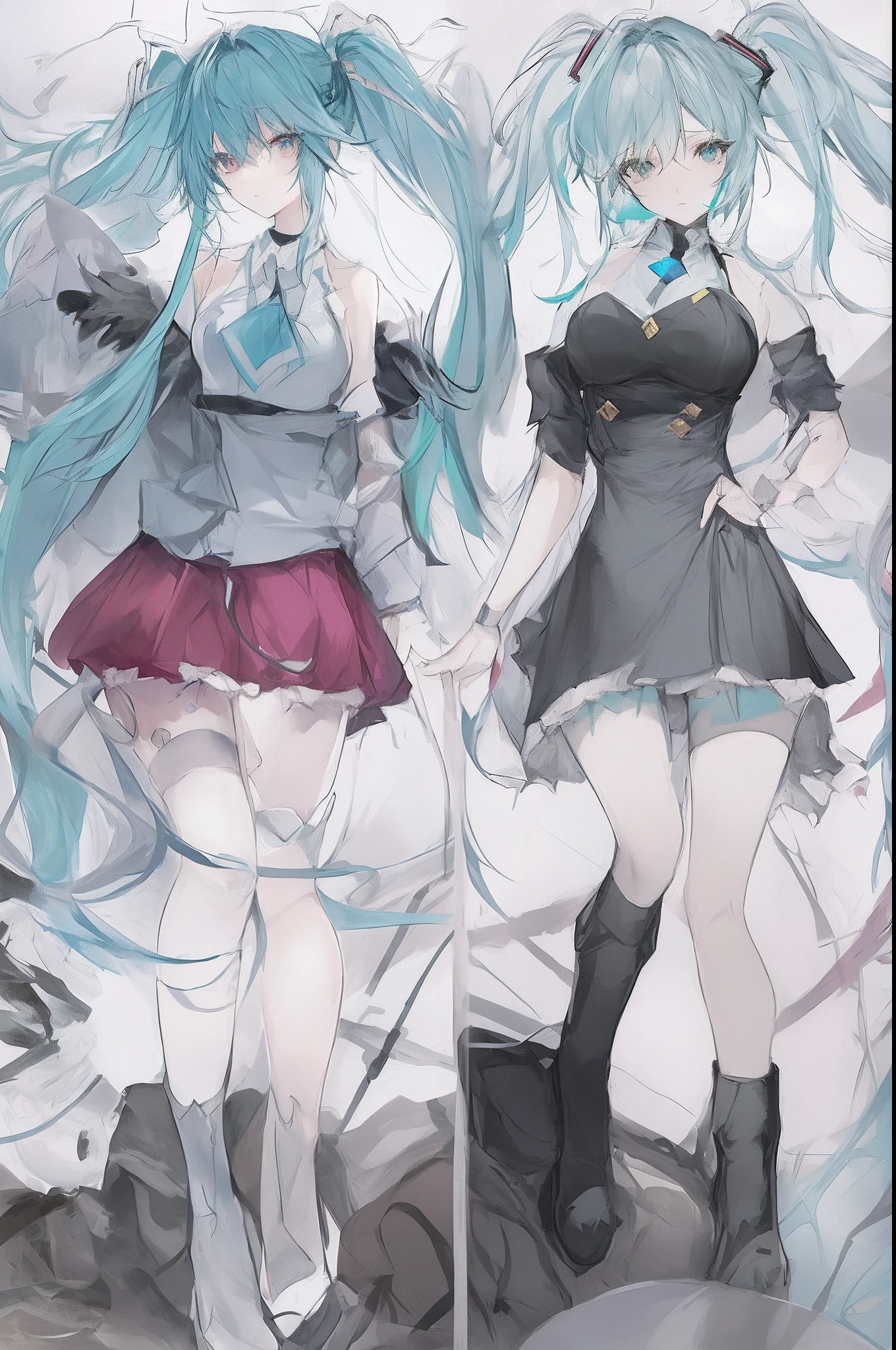Let's start with a base illustration of a young female character.
Adjust the hair color to Hatsune Miku's iconic turquoise blue.
Style the hair to be very long, reaching below the waist, in twin tails. Ensure the twin tails are evenly balanced and neatly wrapped at the top.
Give the hair a glossy appearance and a slightly voluminous texture.
Create a youthful and cute facial expression with large, expressive eyes. The eye color should be a bright shade of blue.
Give her a characteristic slim and petite body frame.
Remove the distinctive outfit consisting of a sleeveless top, tie, and pleated skirt. Include shades of teal and black in the color scheme.
Include signature accessories such as a futuristic headset, microphone, and detachable sleeves.
Optionally, add knee-high boots or thigh-high socks in matching color tones.
Provide a background that complements the aesthetic, such as a futuristic cityscape or a concert stage with colorful lights.
Please note that due to the complexity of the instructions, it may be challenging for an AI to accurately generate an image based on the exact specifications provided.
Please draw it in a sketch-like style, resembling an idea sketch.
A drawing that looks like it was done with a pencil. A picture drawn in a messy manner. A drawing done with hesitation.