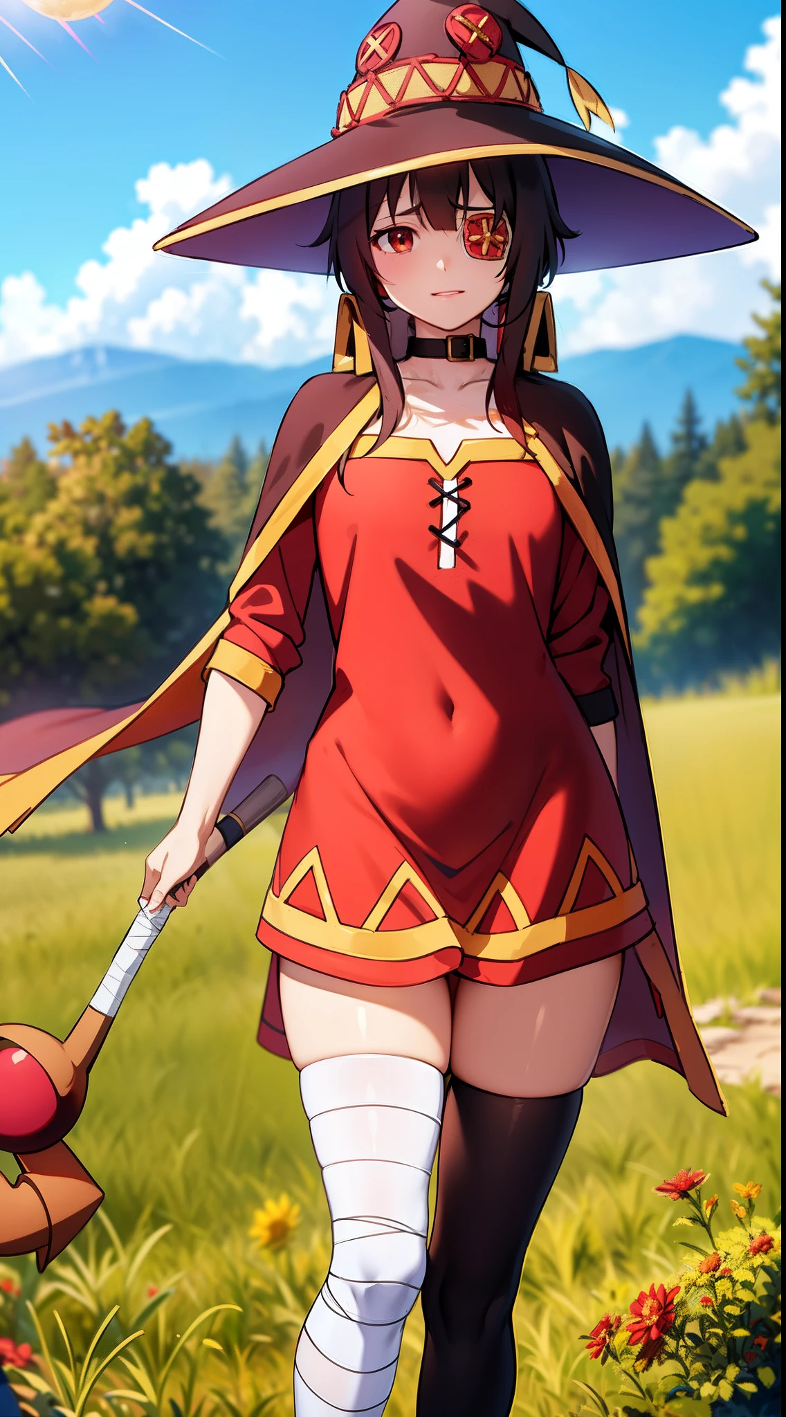 Megumin, blushing, tender, 15-year-old appearance, small breasts, lying on the ground, Masturbating with fingers in her pussy