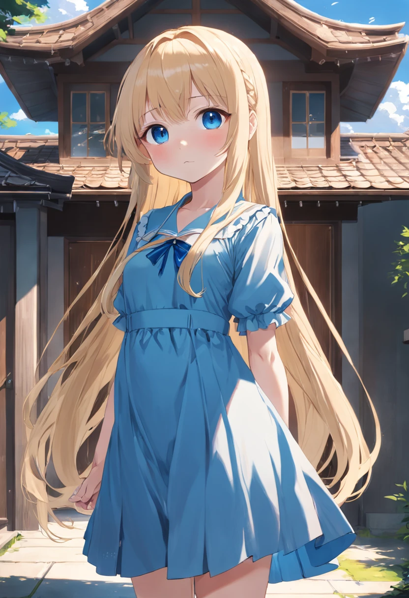 Anime girl with long blonde hair and blue dress stands in front of house, in dress, small curvy lolite anime waifu in a nice dress, splash art anime loli, Cunime girl, pretty anime girl, blonde anime girl with long hair, Beautiful anime girl, young anime girl, clean detailed anime art, portrait of cute anime girlbabes