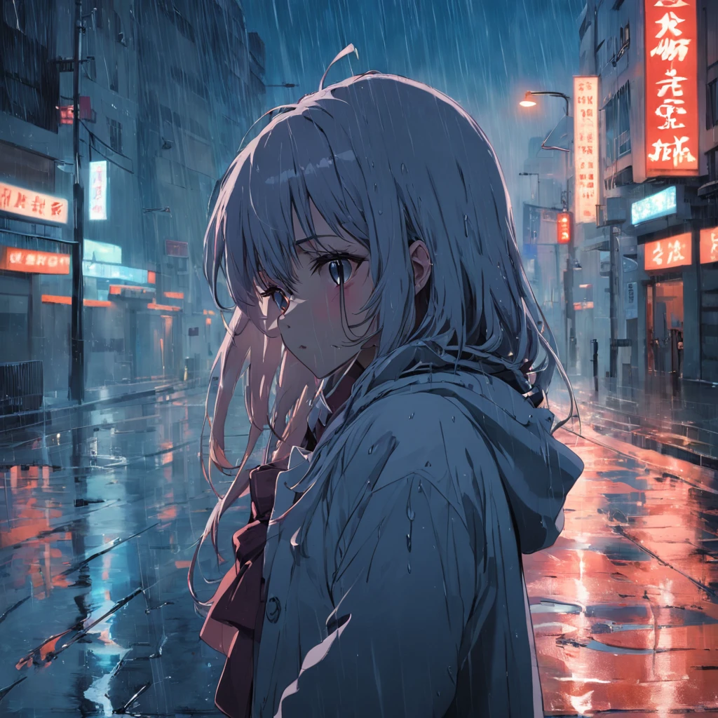 masterpiece, best quality, 1girl, sad, crying in the rain, a wound on her face, on an empty street, winter