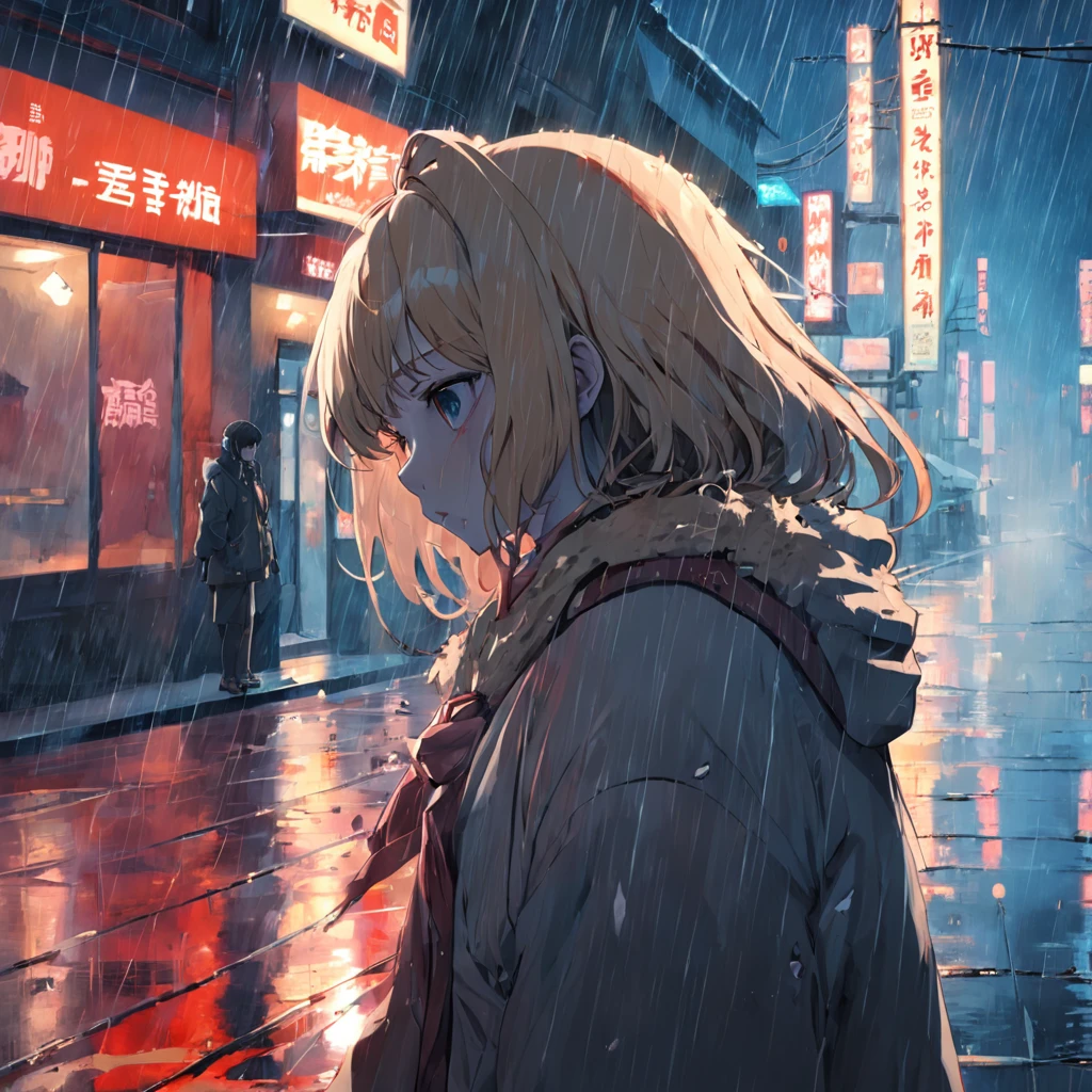 masterpiece, best quality, 1girl, sad, crying in the rain, a wound on her face, on an empty street, winter