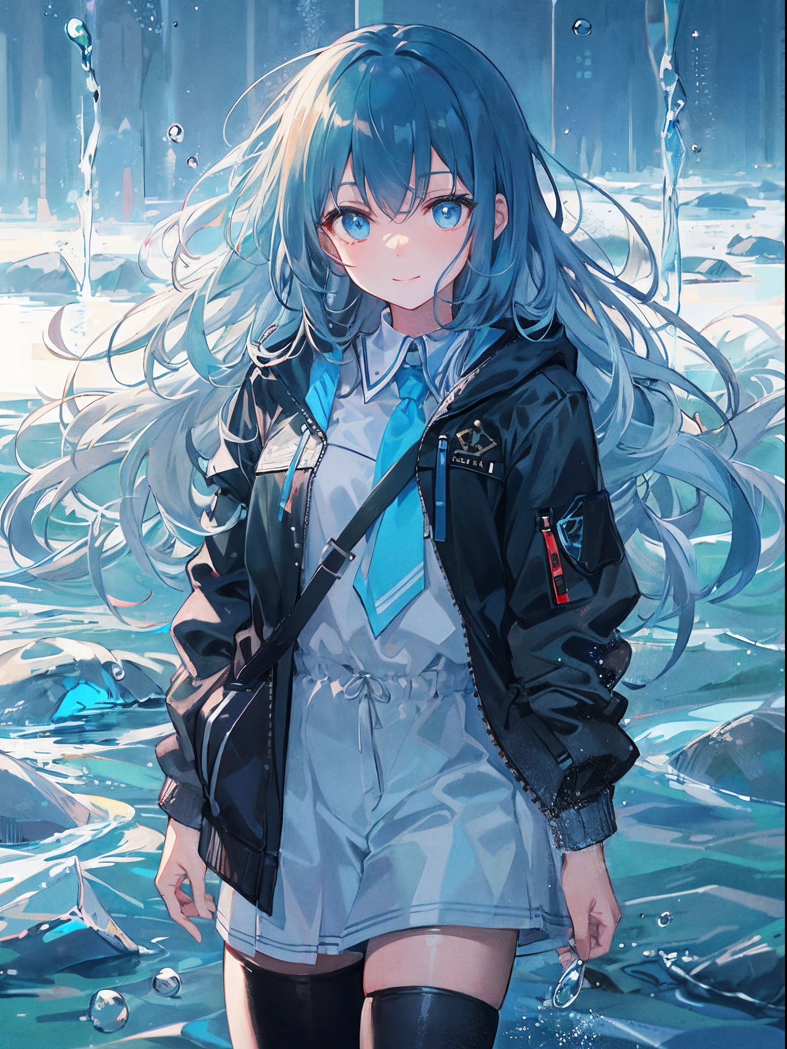 ((top-quality)), ((masterpiece)), ((ultra-detailliert)), (extremely delicate and beautiful), girl with, 独奏, cold attitude,((Black jacket)),She is very(relax)with the(Settled down)Looks,A dark-haired, depth of fields,evil smile,Bubble, under the water, Air bubble,bright light blue eyes,Inner color with light blue hair and dark blue tips,Cold background,Bob Hair - Linear Art, shortpants、knee high socks、White uniform like school uniform、Light blue ribbon ties、Clothes are sheer、Hands in pockets