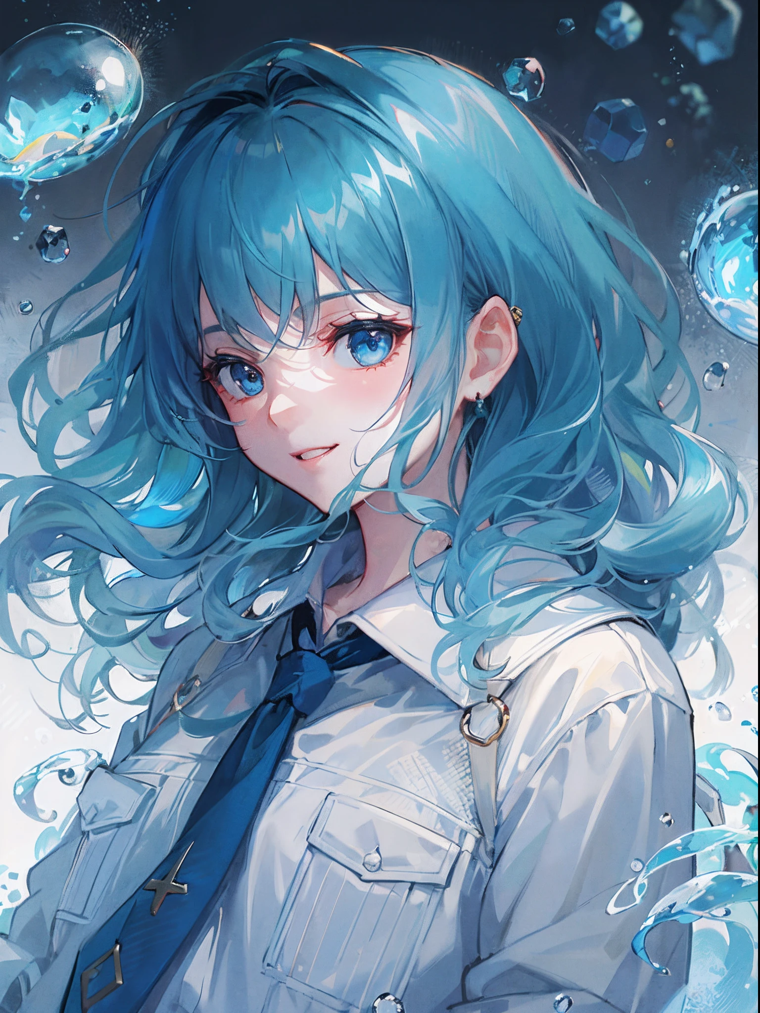 ((top-quality)), ((masterpiece)), ((ultra-detailliert)), (extremely delicate and beautiful), girl with, 独奏, cold attitude,((Black jacket)),She is very(relax)with the(Settled down)Looks,A dark-haired, depth of fields,evil smile,Bubble, under the water, Air bubble,bright light blue eyes,Inner color with light blue hair and dark blue tips,Cold background,Bob Hair - Linear Art, shortpants、knee high socks、White uniform like school uniform、Light blue ribbon ties、Clothes are sheer、Hands in pockets