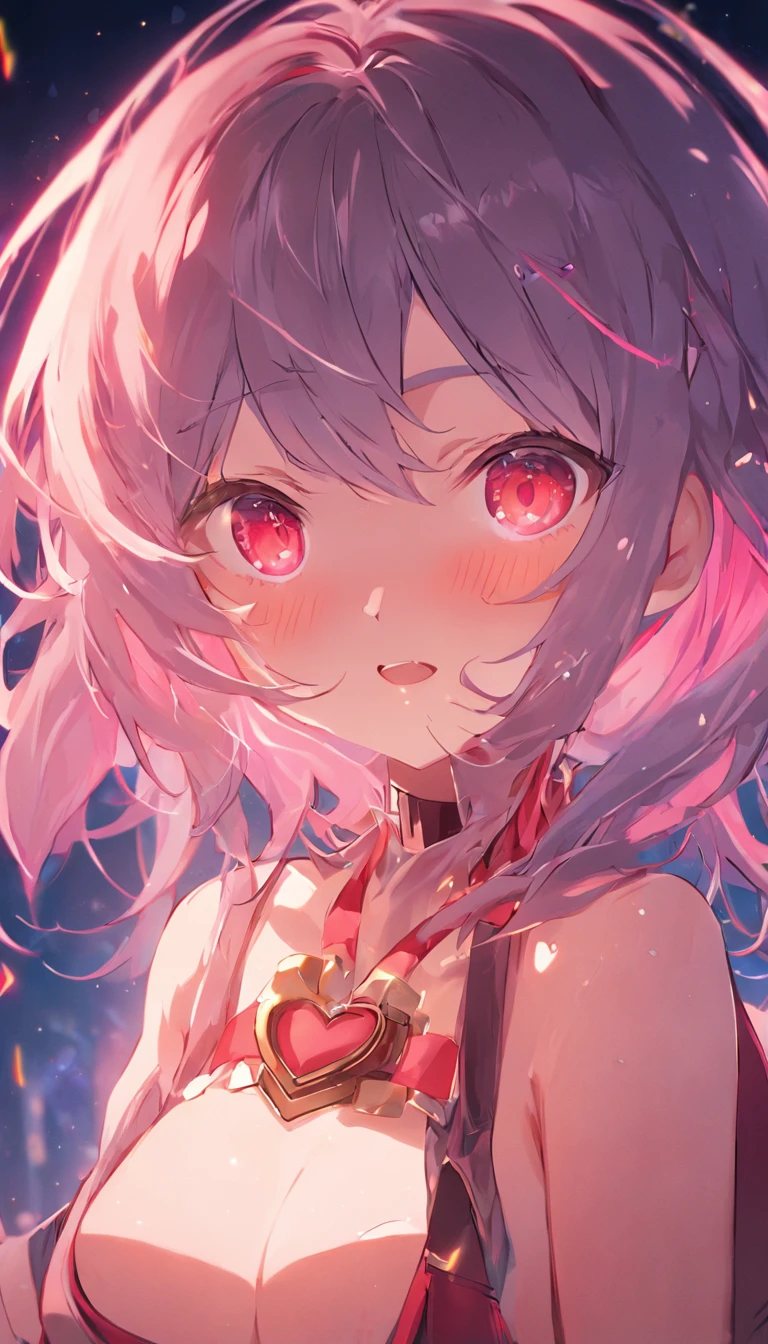 Mall, heart ahoge, Hair ribbon, Heart-shaped pupils, Makeup, nervous smile, horrified, High detail, anime big breast, Ray tracing, art-deco, hyper HD, Textured skin, 8K, 8K, A high resolution, Best quality, High details, High quality, Textured skin, ccurate, Award-Awarded