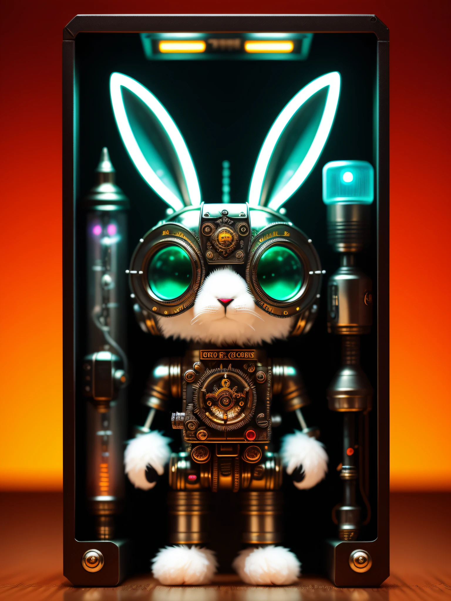 a creepy fluffy rabbit made out of metal, cyborg, cyberpunk style, clockwork, ((intricate details)), hdr, big eyes, ((intricate details, hyperdetailed)), vacuum tube or electron tube, cinematic shot, vignette, bokeh effect beckground