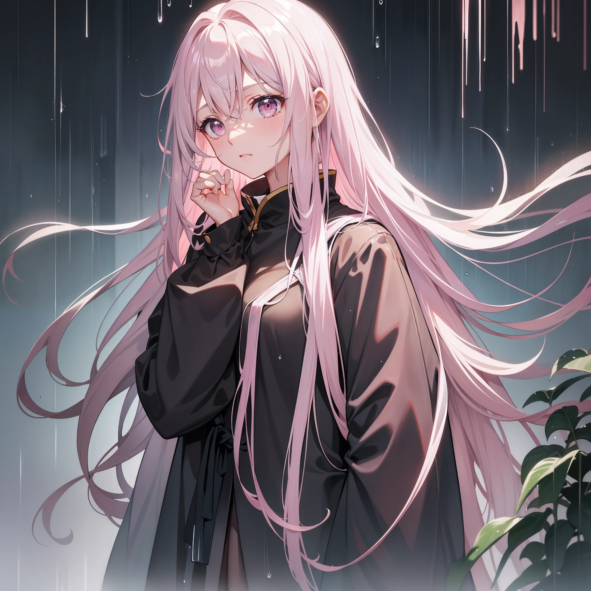 It rained heavily，Wet by rain，Pink Long Hair。Pale gray eyes，Desperate look，Raise your head slightly，Hands hung weakly at the sides of the body，Side diagram，校服，roadside