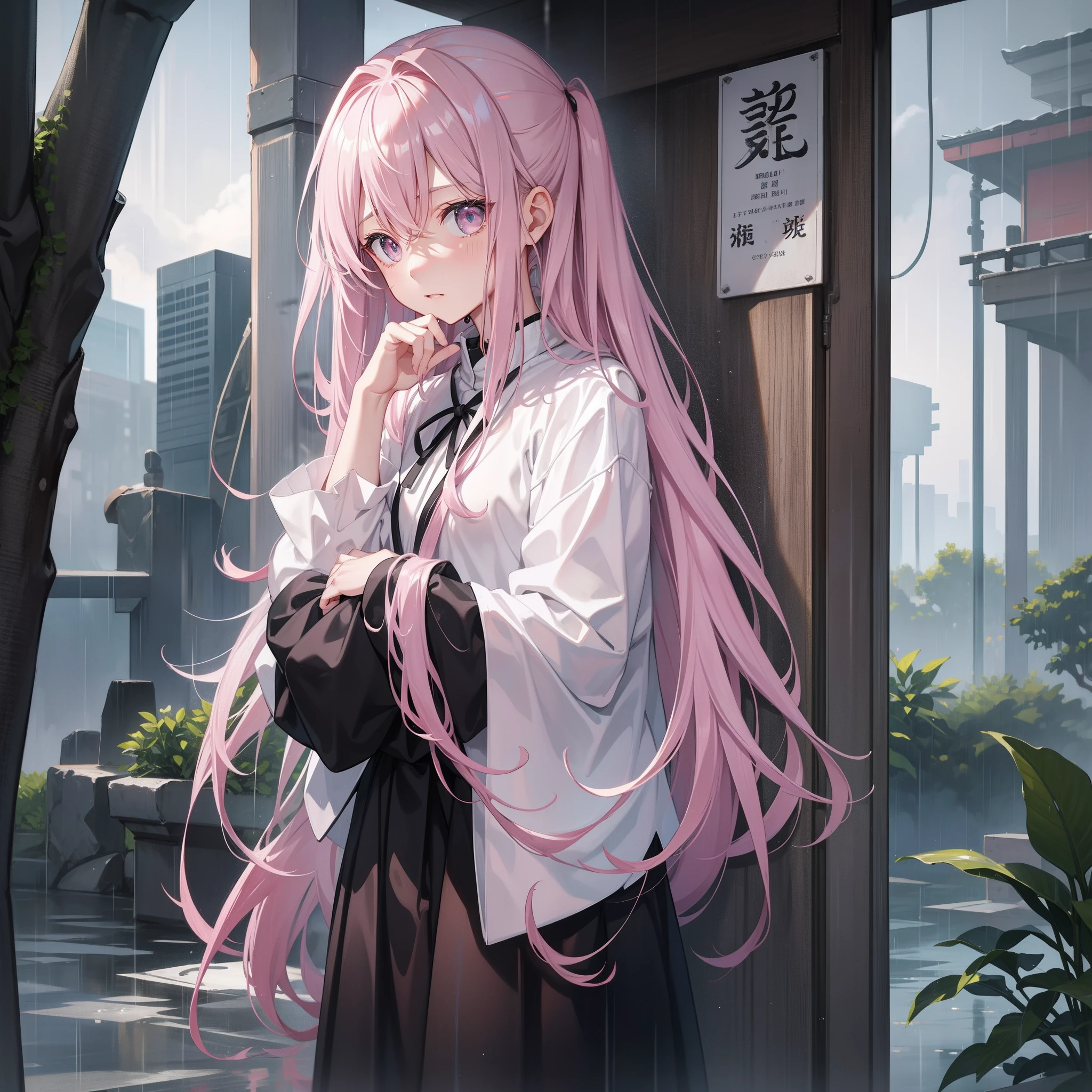 It rained heavily,Wet by rain,Pink Long Hair。Pale gray eyes,Desperate look,Raise your head slightly,Hands hung weakly at the sides of the body,Side diagram,校服,roadside