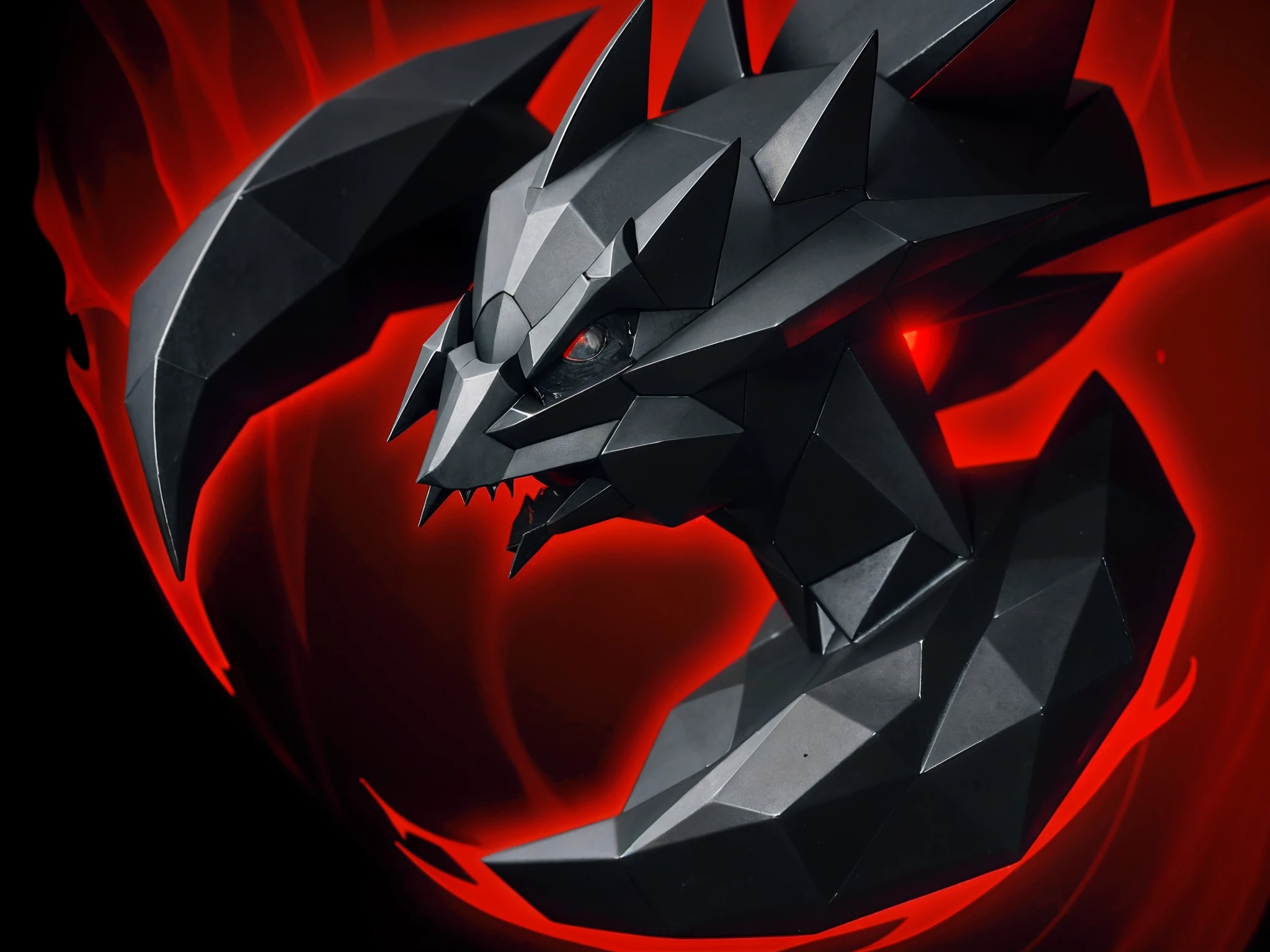 A close-up of a strange black object,The spine protrudes from two black sharp corners,It emits a blood-colored glow,satan