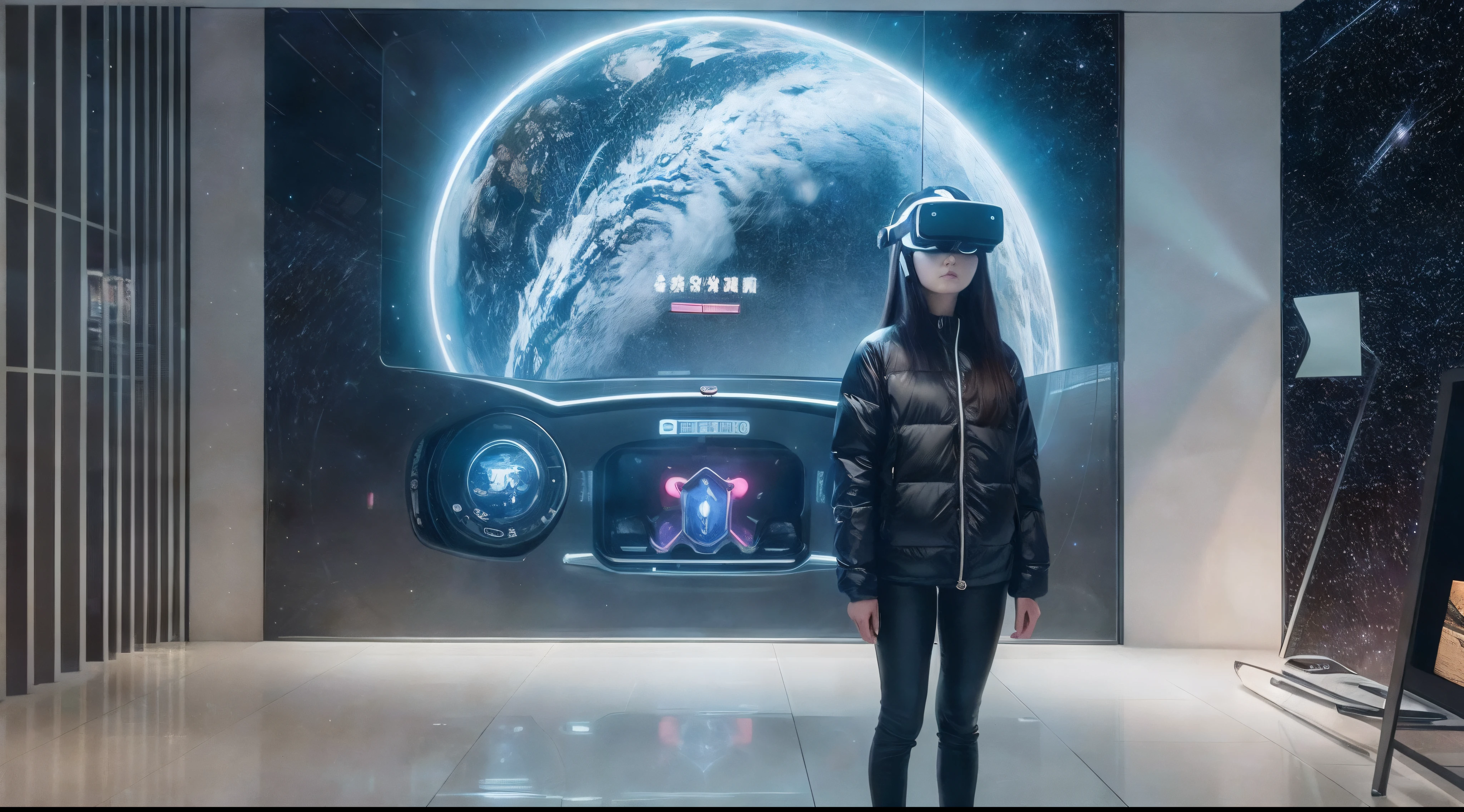 There is a woman standing in front of a product display, wearing vision pro, 3D AR VR ART, AUGMENTED REALITY, AR GLASSES, FUTURISTIC AR GLASSES, ENHANCED VISION, BRILLIANT DAYLIGHT VR OS UX, holographic interface, immersive, inspired by Ai Xuan, inspired by Cheng Jiasui, 3D ios Room photos, VR, wearing VR, the image is futuristic, emerges various picture scenes, sci-fi space background, ultra-wide angle, shining starry sky atmosphere, light and dark, movie light, cold light, Indoor, futuristic, realism, cinematic, cinematography, ultra-detailed, 8k