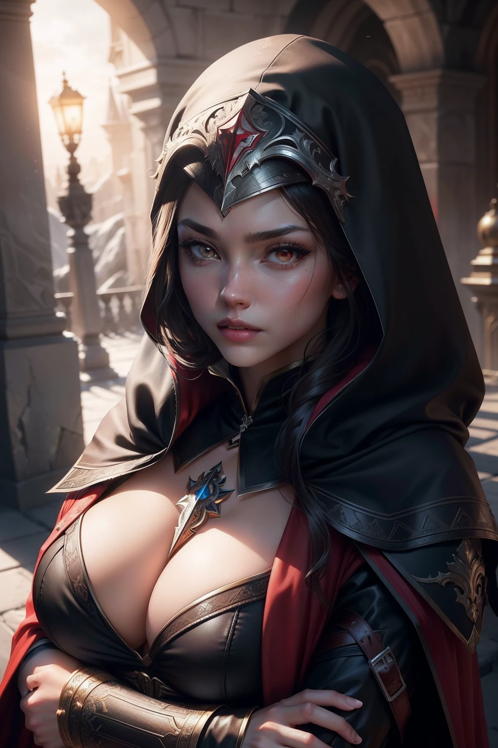 (top Quority，Rich cleavage，《The ultra-realistice》，《8K high-definition》：1.2)，Inside Valhalla，assassins creed，The red and black cloak covers the head，Expose your eyes，Red eyes，"Eyes glowing red"，Full face metal mask，With a knife on his back，Cross your arms over your chest，