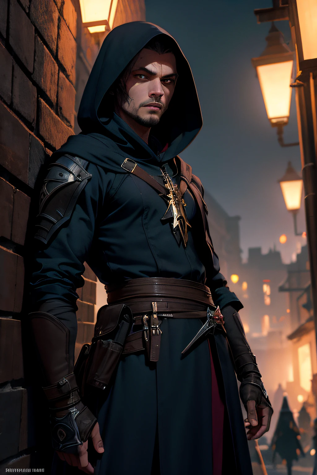 Masterpiece, best quality, a professional illustration of a gorgeous assassin in an interesting high fantasy city setting at night, scars, hood,