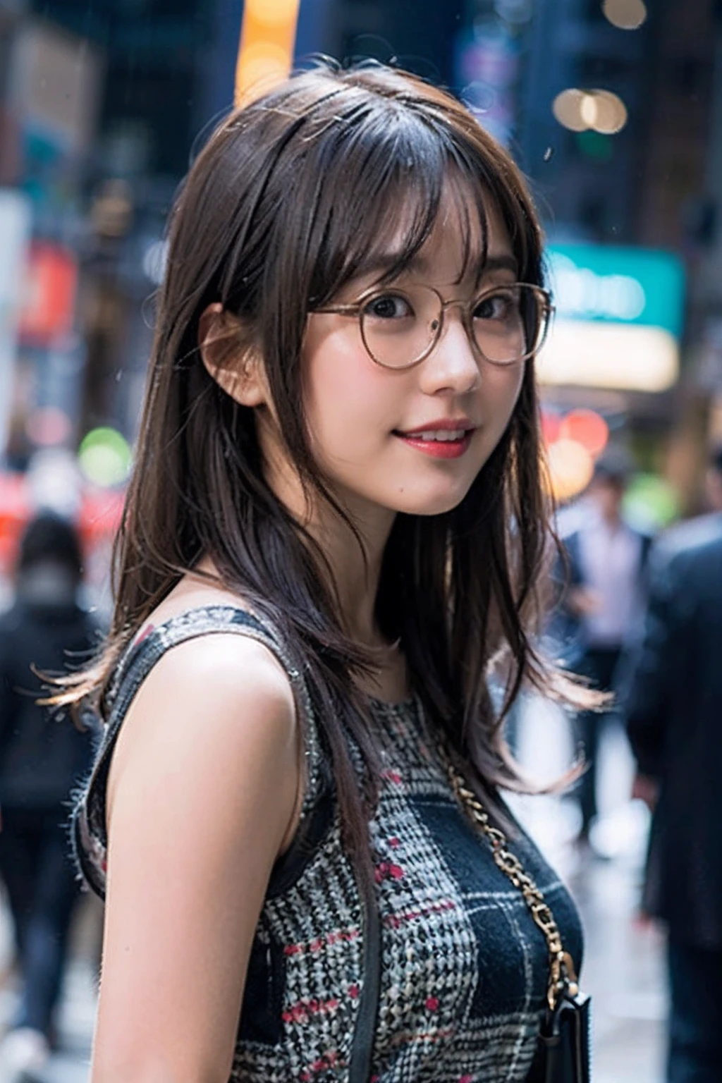 (8K、Raw photography、top-quality、​masterpiece:1.2)、(realisitic、Photorealsitic:1.37)、ultra-detailliert、超A high resolution、女の子1人、see the beholder、beautifull detailed face、A smile、Constriction、(Slim waist) :1.3)、summer clothing、Beautiful detailed skin、Skin Texture、Floating hair、Professional Lighting、In the city in heavy rain、Hair or clothes are wet、Black square glasses 、Whole human body、Brown hair