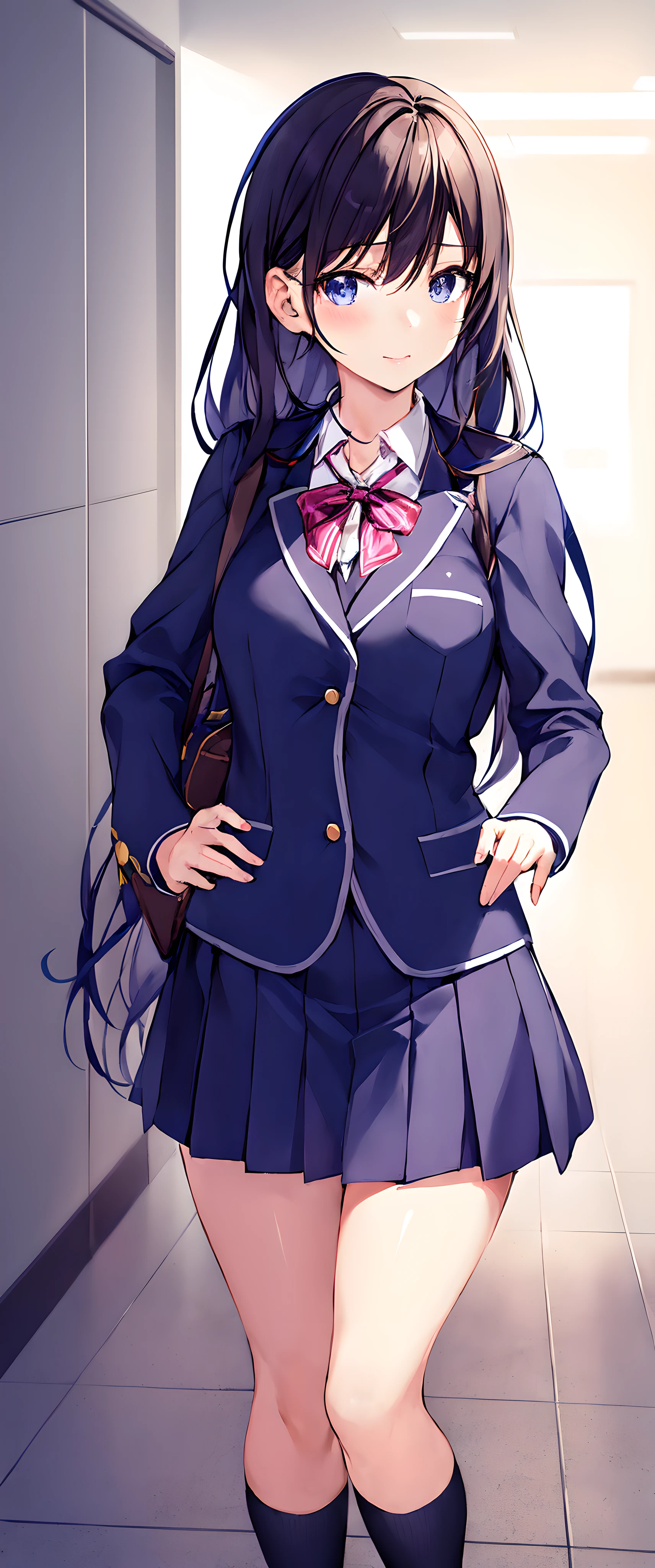 anime girl in a school uniform standing in a hallway, Realistic Schoolgirl, magical school student uniform, Normal legs, wearing jacket and skirt, a hyperrealistic schoolgirl, my dress up darling anime, a hyperrealistic schoolgirl, tsubasa nakai's style, cloth sim, Smooth Anime CG Art, visual novel cg