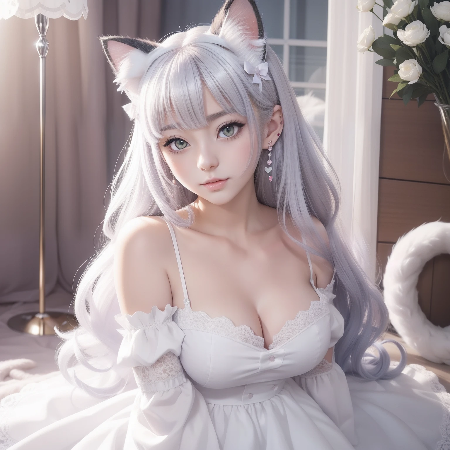 Best quality at best， one-girl， warmly lit， Silver hair and pink at the tip， adolable， anime big breast， Pure white skin， asiagirl， full bodyesbian， Raised sexy， Gentle eyes， Cat ears， Animate， fanciful， Cleavage is seductive， Shy face， 14岁， dreads， white dresses， collars， Bare shoulders，Bare thighs，coda， the witcher， That's great， sportrait， ssee-through