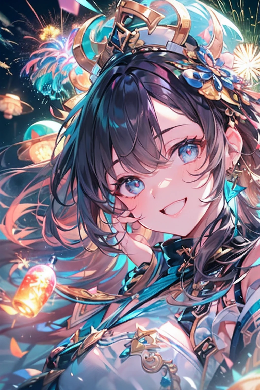 (((masterpiece)))、(((top-quality)))、((ultra-detailliert))、(illustratio)、((extremely delicate and beautiful))、Bright smile、floating、(Detailed light) (1girl in)、、独奏、The long-haired、The wind is blowing、A WORLD、(cute eye)、((Fireworks display seen from space)),Fireworks are the main composition,Fireworks display beyond imagination,innocent smiles、eye glass、Never seen、Seven colors,(1girl in, Solo:1.6),(Cute smile),(Clothes are simple), (Best Impact:1.5), (maximalism:1.7), Vivid contrast, (Realistic), hyperrealistic illustrations, hight resolution, ultra-detailliert, absurderes,(Fractal Art:1.3)、Random hairstyle、Random hair color colorful、FULL BODYSHOT、Retro、Precise focus、randome pose、cinema4d、Drama