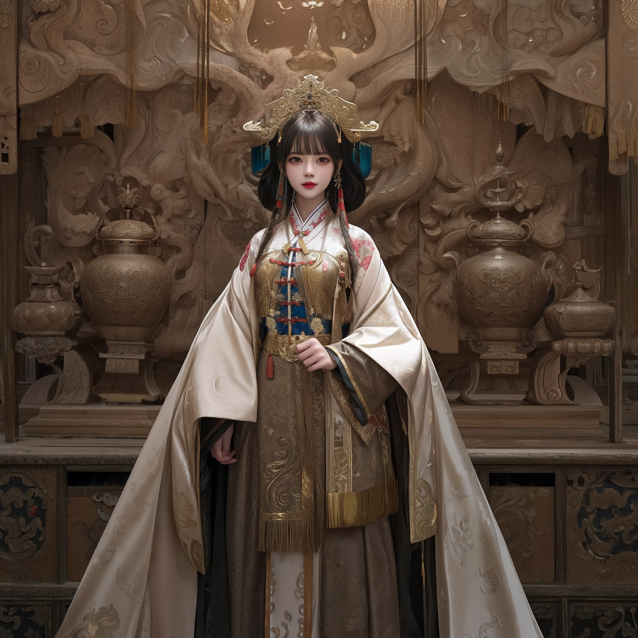 Dark majestic Chinese palace 龙图腾墙壁，background, brown peaks andswirls, a beautiful girl standingin the center of the palace,mountain peak, traditionalChinese costume jewelry, acryli oil painting, light white and lighred, gold, elaborate costumesfull face, full body photos,traditional costumes, strikingdetails, best quality，insanely detailed and intricate, hypermaximalist, elegant, ornate, hyper realistic, super detailed