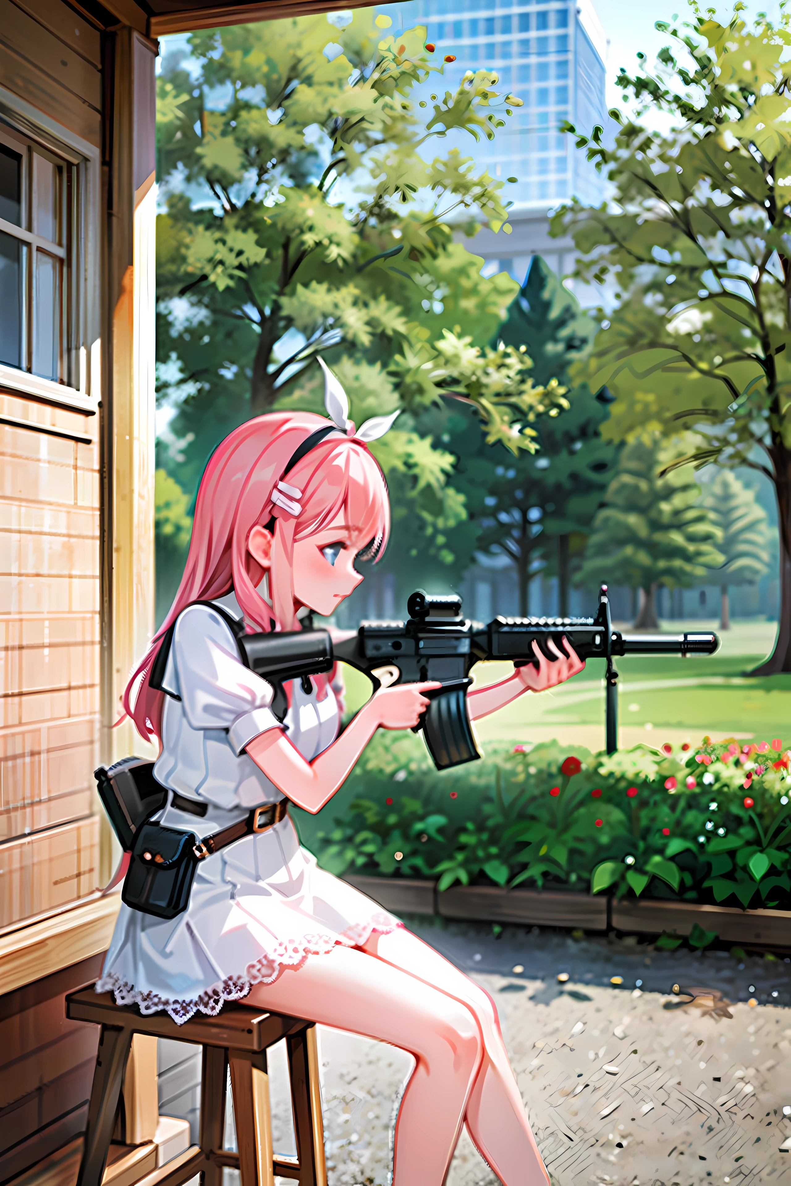 (Masterpiece:1.2), Best quality, A high resolution, Original, (Extremely detailed:1.2), Ultra-detailed, the wallpaper, Perfect lighting,(Extremely detailed CG:1.2), 8K,illustration,1girll, Solo, [White:Pink:17] Hair, Detailed blue eyes, ({Delicate|Short-sleeved}dress:1.19), {{Large skirt}}, ({Detailed|Delicate}Uzi machine gun:1.2), holding gun, Aim for, (aiming at viewer), Sit on a stone bench, Panchira, park, day