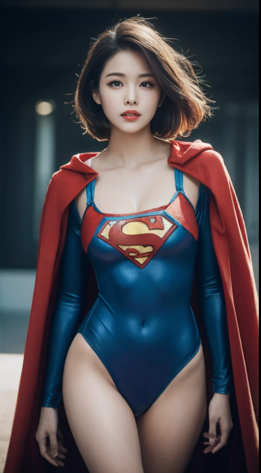 ((Best quality, 8K, Masterpiece:1.3, Beautiful girl)), Cute, Dynamism, Detailed face, Detailed skin, Detailed eyes, Detailed lips, Detailed fingers, Detailed mouth, Photorealistic, Raw photo, Natural lighting, dynamic pose, perfect anatomy, big breasts, round buttocks, round eyes, double eyelid, moist lips, ((superman monokini suit, red cloak)), outer space background, short hair, wet hair, close up, one knee