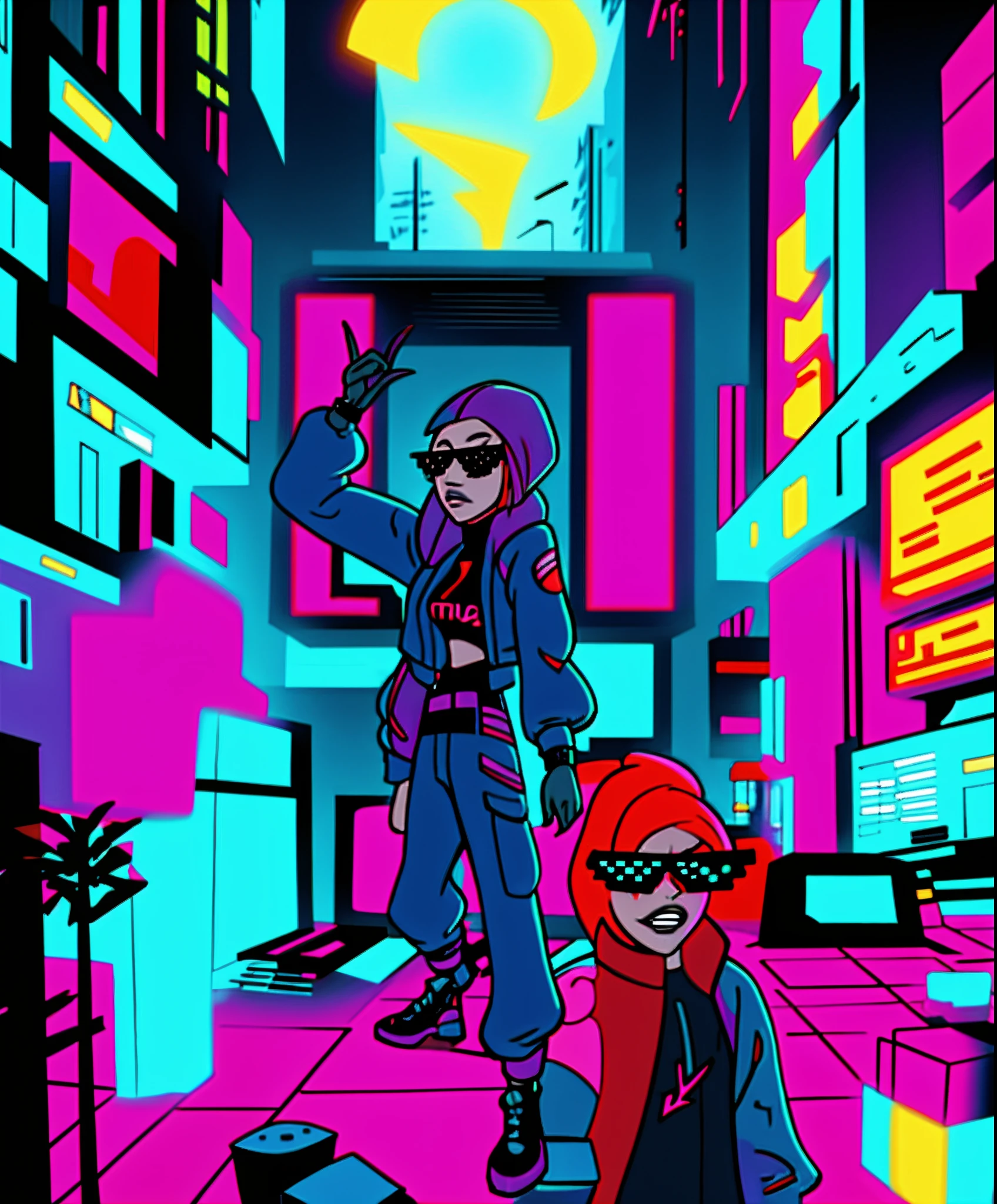 "a portrait of Kim Possible featuring a badass girl posing for a city neon cyberpunk gangsta boom bap music video. DealWithIt"