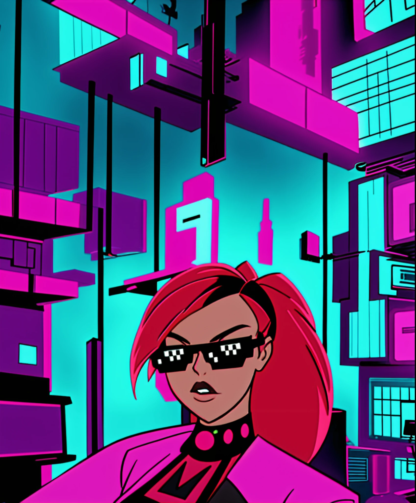 "a portrait of Kim Possible featuring a badass girl posing for a city neon cyberpunk gangsta boom bap music video. DealWithIt"