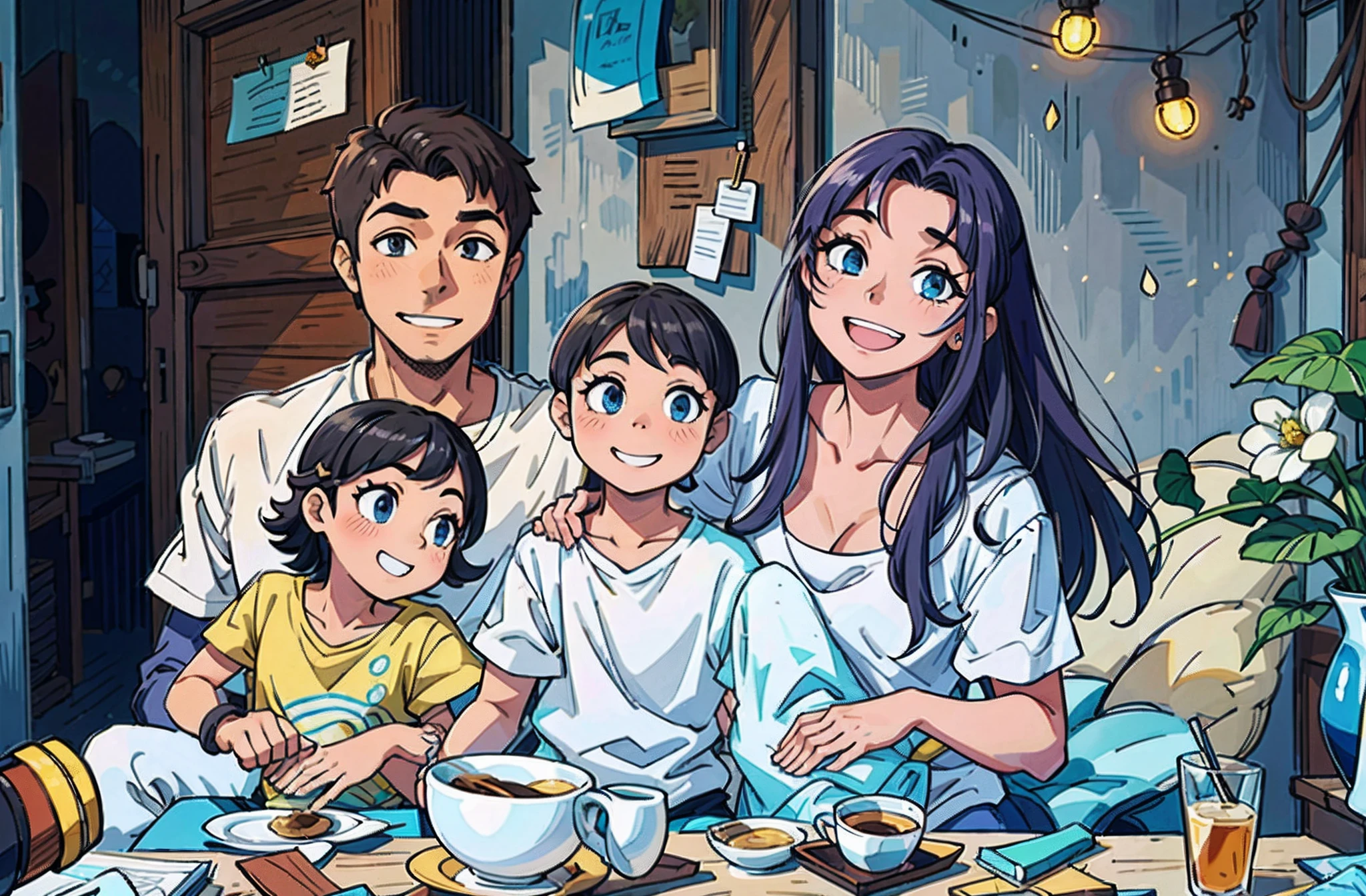 mulher cabelos loiros, olhos castanhos claros, (melhor qualidade:0.8),
(melhor qualidade:0.8), Perfect anime illustration, mulher cabelos loiros, olhos castanhos claros, Close-up portrait of a family smiling in front of the camera, mulher cabelos loiros, olhos castanhos claros