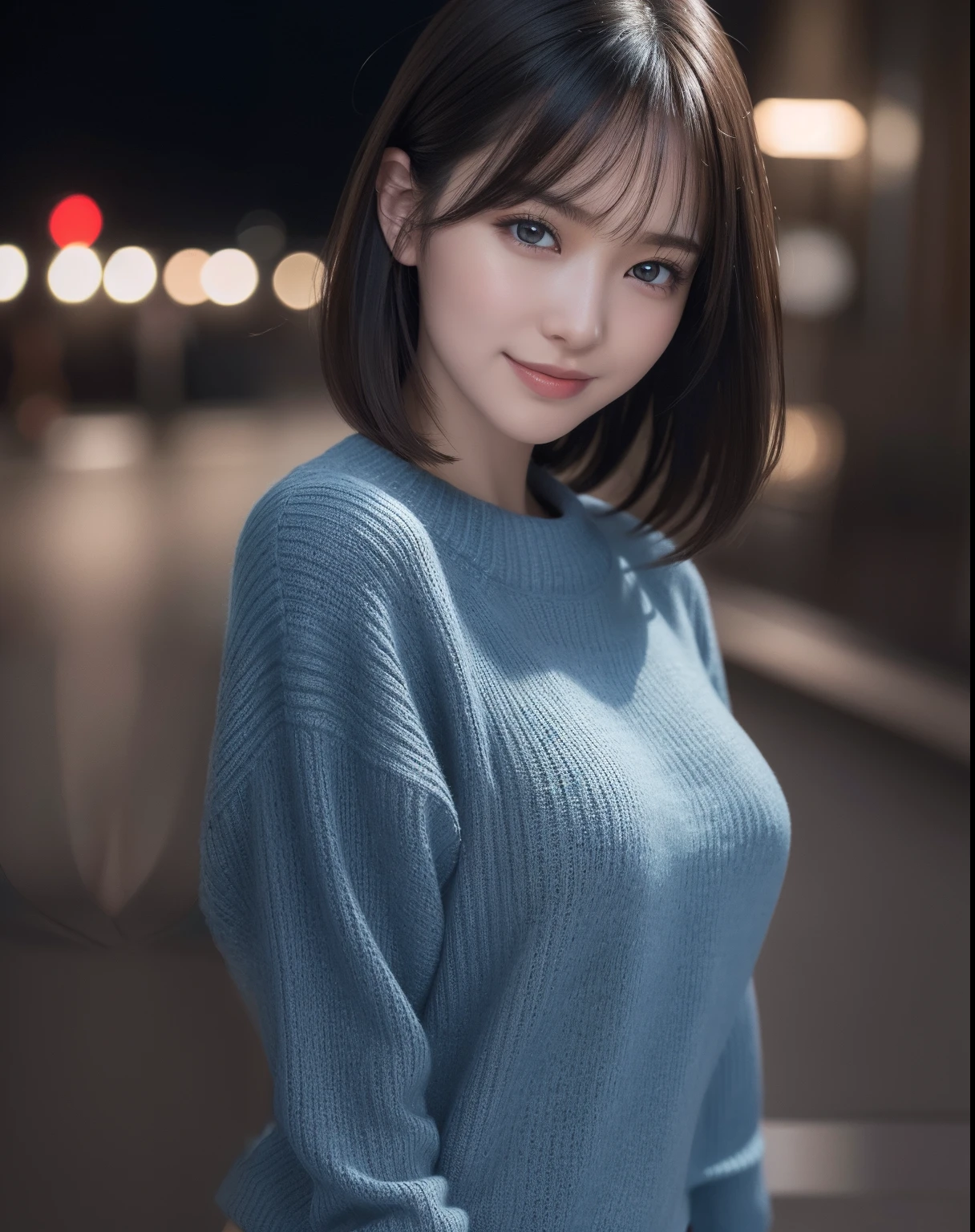 (RAW Photos: 1.2), (Photorealistic: 1.4), (Best Quality: 1.4), Ultra High Resolution, (Detailed eyes), (detailed facial features), (Detailed clothing features), nffsw, 8K resolution, Solo Focus, Bangs, skin tightening, (Slender girl), Dreamy, japanes, (Ultra-fine illustration), landscape, No text, medium breasts⁩, Straight hair, Short hair, Dark hair, Dark eyes, One girl, Full body, a miniskirt, background is night park, AngelT, light blue tight sweater, Cute, Sexy, (Smile)