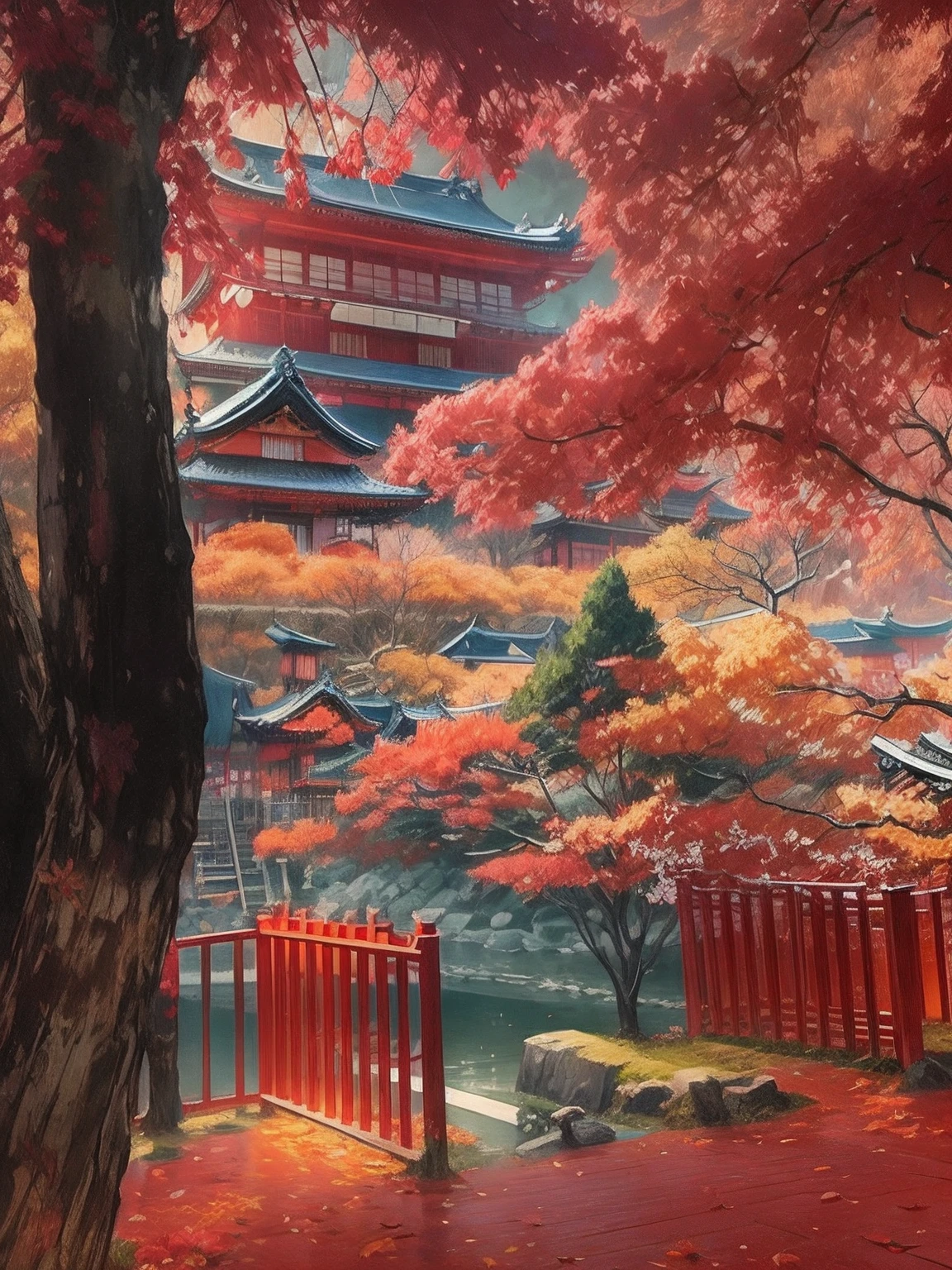 Japanimation, Japanese scene, Japanese composition, 16k, extremely high level illustration, absurd resolution, absurd detailed, tree, no humans, scenery, outdoors, architecture, east asian architecture, autumn leaves, building, day, traditional media, bridge, autumn, sky, leaf