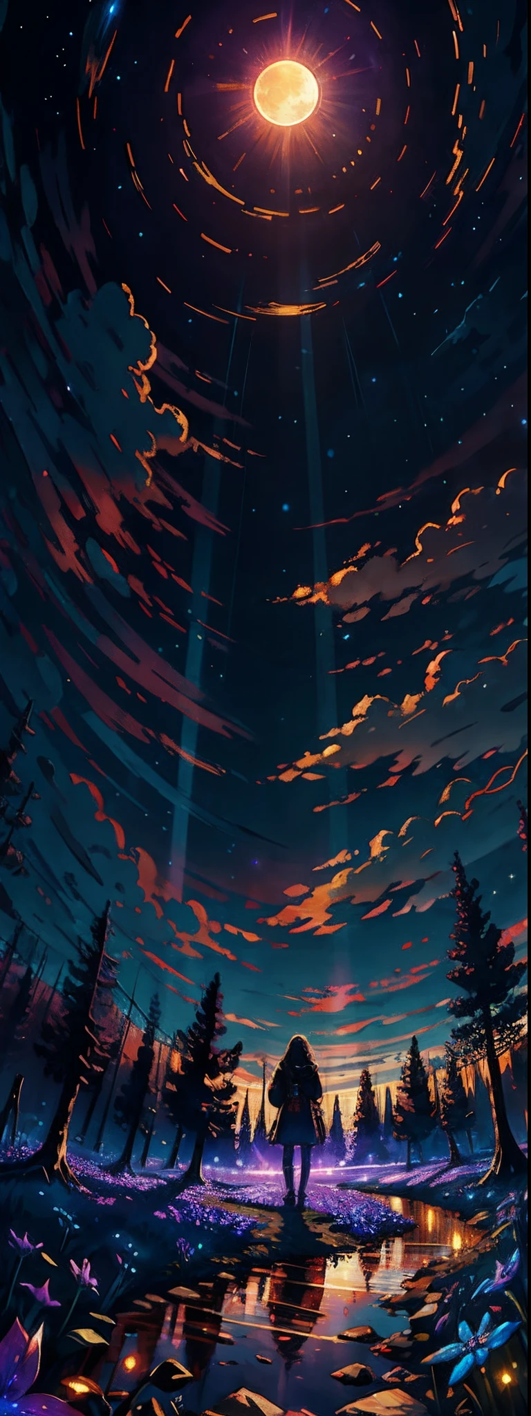 expansive landscape photograph , (a view from below that shows sky above and open field below), a girl standing on flower field looking up, (full moon:1.2), ( shooting stars:0.9), (nebula:1.3), distant mountain, tree BREAK
production art, (warm light source:1.2), (Firefly:1.2), lamp, lot of purple and orange, intricate details, volumetric lighting BREAK
(masterpiece:1.2), (best quality), 4k, ultra-detailed, (dynamic composition:1.4), highly detailed, colorful details,( iridescent colors:1.2), (glowing lighting, atmospheric lighting), dreamy, magical, (solo:1.2)