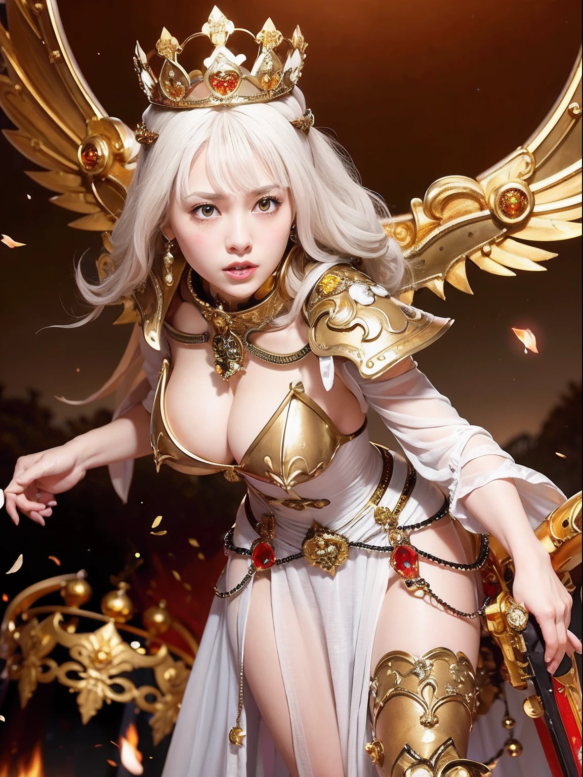 Professional , masterpiece、top-quality、photos realistic , depth of fields (Gemstone White Metal Body:1.9),(Matte White、Jewel Gold Weapon(Jewel Metal Body:1.4),Gorgeous metal weapons ,(( Detailed and gorgeous sword of the brave)) , Beautiful knife ,warhammer 40k ,Detail and ornate jewel crown、((Micro Bikini Armor))、((Gangle's forest background))、Beautiful Caucasian beauty、1a person、dynamic ungle,(((Detailed and ornate diamond crown)))、Smaller head、A smile、Background inside the castle、Thin and beautiful female hands、cleavage of the breast、Soldier in iron armor on background、Mystical expression、Light Effects、intense fighting、Wind-effect、magic circles、With the legendary magic wand、(wings of light)、Toostock、Anatomically correct body、