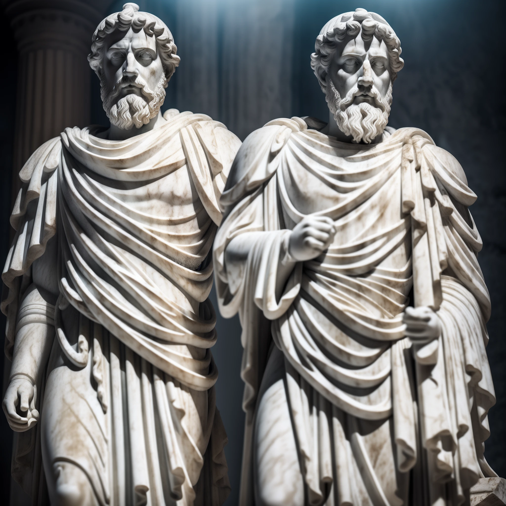 A carefully detailed realistic Greek white marble statue of Marcus Aurelius wearing a ghostly toga, fundo neutro, Moody, , fotorrealista, Jantar de cinema atencioso, super detalhada, Hiper realista, luzes brilhantes, 8 mil
