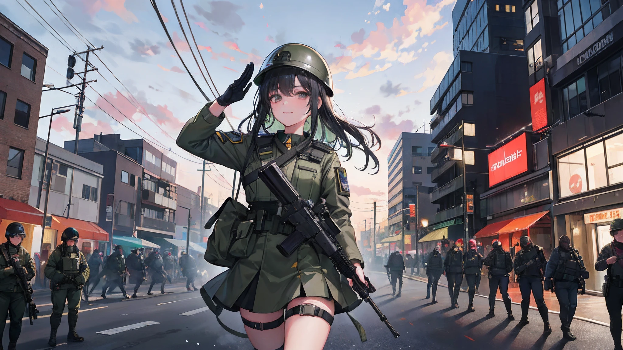 A girl in a green military uniform,grinning smile,Shy,Warm street lights,down town,Superskirt,Saluting,Wear a steel helmet,The steel helmet has a solid red five-pointed star,Long legs are exposed,Shooting stars dart across the sky,Riot police confront the crowd behind them,SWAT officers all wear face coverings,The girl's hair is black,The Milky Way is in the sky,A rifle hangs horizontally from the girl's chest,There were bayonets on the gun,Some of the SWAT officers were armed with rifles, others with blast-proof shields and batons