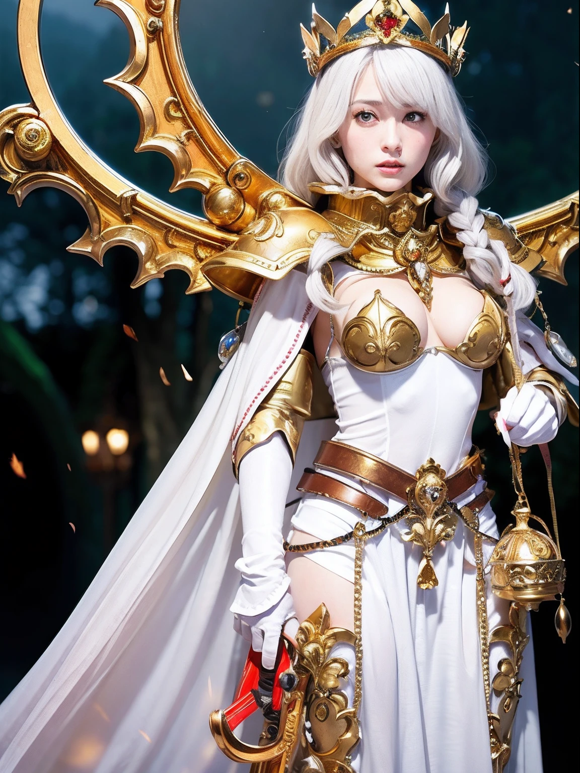 Professional , ​masterpiece、top-quality、photos realistic , depth of fields （Gemstone White Metal Body:1.９),(Matte White、Jewel Gold Weapon（Jewel Metal Body:1.４),Gorgeous metal weapons ,（（ Detailed and gorgeous sword of the brave）） , Beautiful knife   ,warhammer 40k ,Detail and ornate jewel crown、（（Micro Bikini Armor））、（（Gangle's forest background））、Beautiful Caucasian beauty、１a person、dynamic ungle,(((Detailed and ornate diamond crown)))、Smaller head、A smile、Background inside the castle、Thin and beautiful female hands、cleavage of the breast、Soldier in iron armor on background、Mystical expression、Light Effects、intense fighting、Wind-effect、magic circles、With the legendary magic wand、（wings of light）、Toostock、Anatomically correct body、