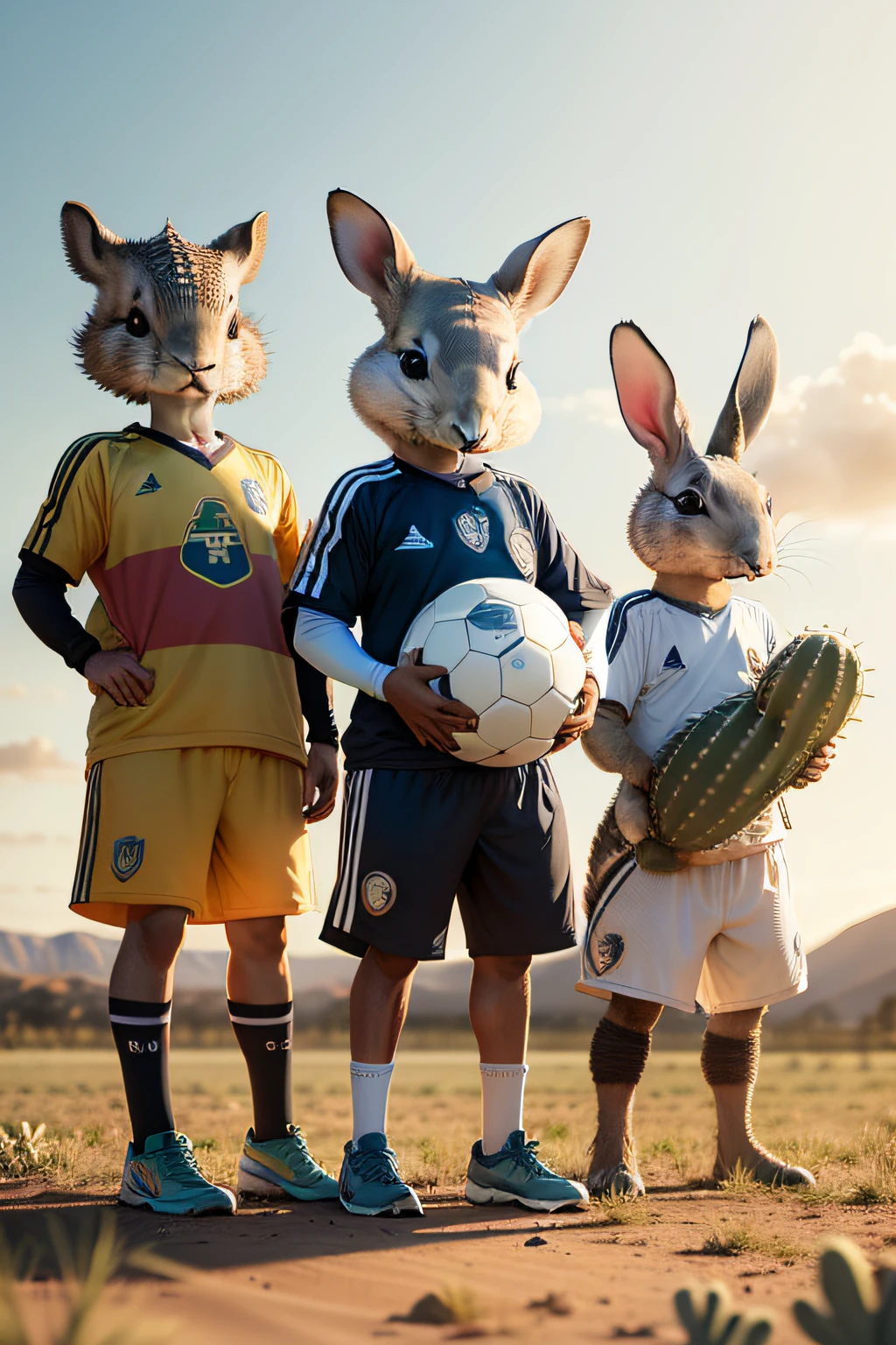 Create a picture of an armadillo in cartoon with other friends who are a rabbit, um esquilo e um urso, He's holding a colorful soccer ball and dressed in the team's jersey, Together with his friends they are in a field with cacti in the late afternoon, eles jogam bola juntos