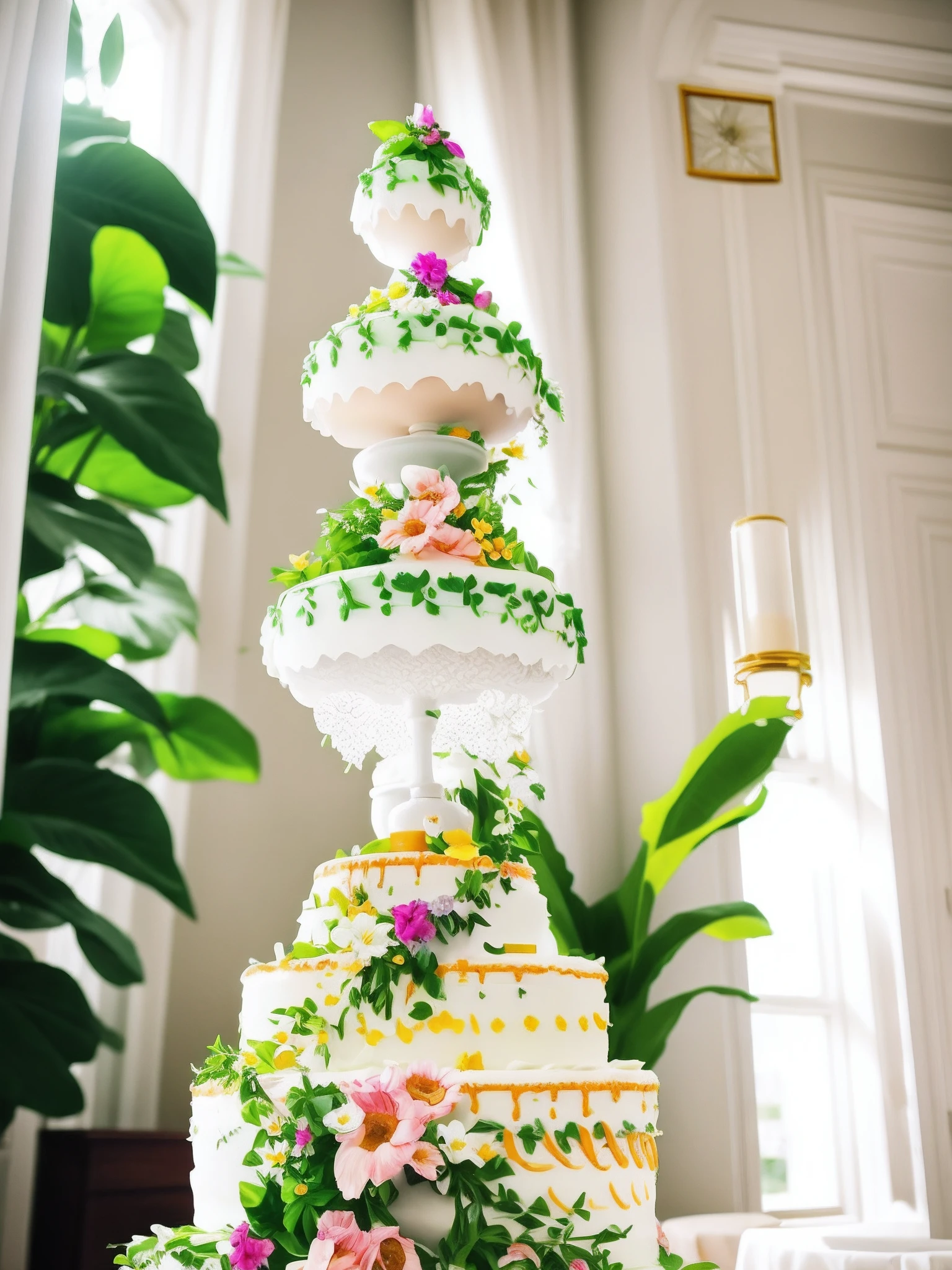 cake, flowers, green plants