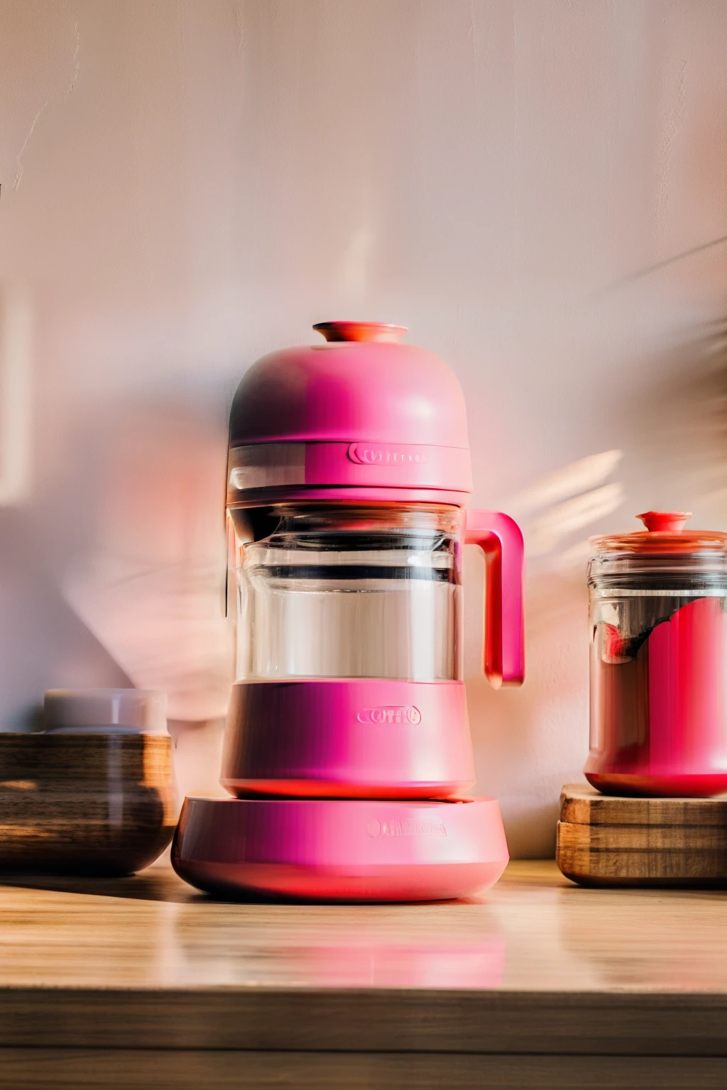 Bright pink coffee cup, bright pink espresso machine, oak table, golden spoon, sun shining through window