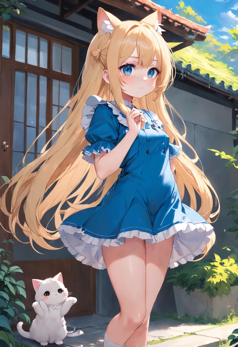 (Long blonde hair and cat ears)，Anime girl in blue dress stands in front of house, loli in dress, small curvy loli, Cute anime waifu in a nice dress, splash art anime loli, Cute anime girl, pretty anime girl, blonde anime girl with long hair, Beautiful anime girl, young anime girl, clean detailed anime art, portrait of cute anime girlbabes，No arm frills required，Stand in the garden，Anime cat-eared girl wearing one piece, Lori in dress having breakfast, small curvy loli, artwork in the style of guweiz, guweiz on pixiv artstation, guweiz on artstation pixiv, guweiz, small loli girl, soft anime illustration, Anime visuals of cute girls, Detailed Digital Anime Art